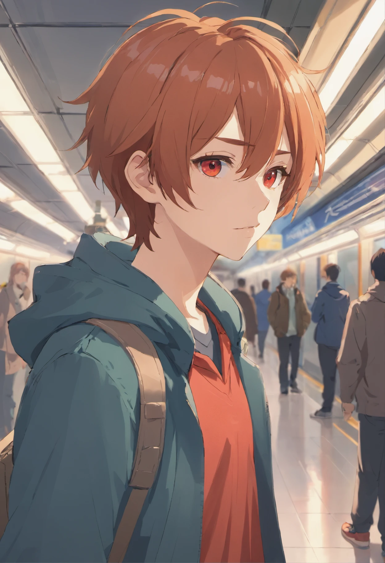1boy, anime,ginger hair,red eyes,pale skin, wearing a jacket, waiting in the Metro station, absolutely stunning art, extremely detailed, highest quality digital art,