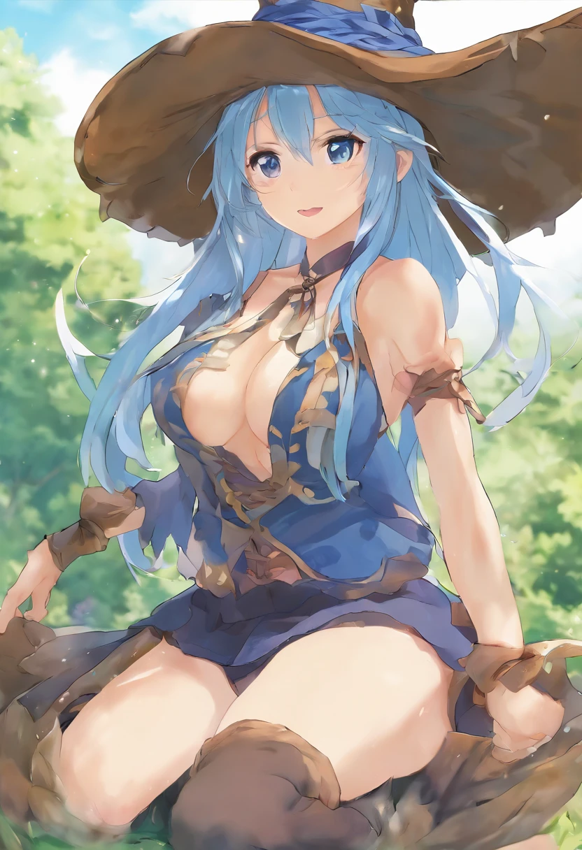 masutepiece, Best Quality, Roxy Migurdia, 1girl in, Bangs, Character Focus, black headwear, Witch Hat, Blue eyes, Blue hair, braid, brown cape, Floating hair, hair between eye, Looking at Viewer, Beautiful detailed eyes, Wet clothes, Finger to mouth, In Kyoto Animation Style, Front view, face to the viewer, medium breasts, Full body, nakeness, ((nakeness)) , (No cloth), (((from behind))), (((Crawling))), (((top down bottom up))), Spread legs, ((ass forcus)),Looking back, (3D CG), figma