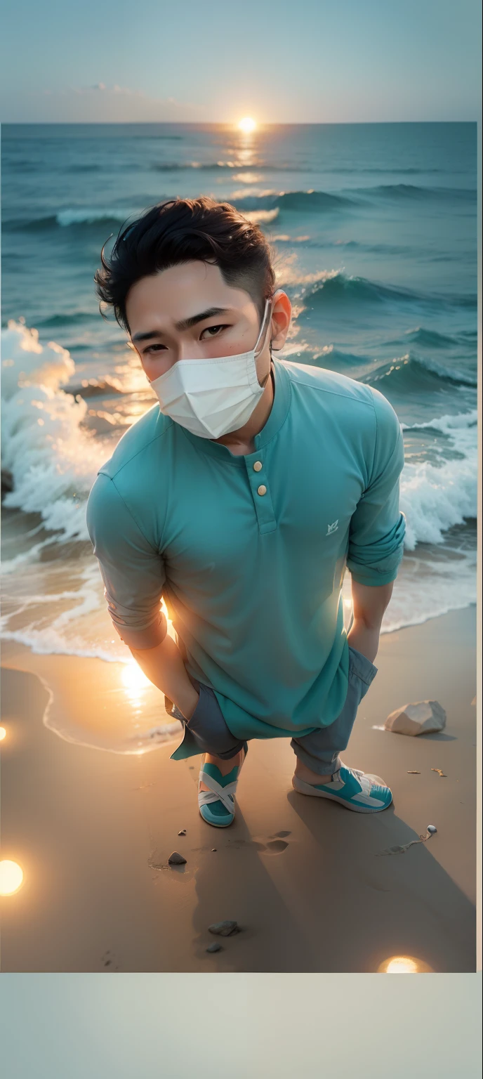 Change background sea view and sun set and change clothe