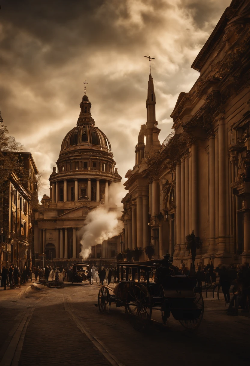 (CG extremamente detalhado e realista, master part, best quality, ultra-detalhado), Steampunk, Metropolitan Cathedral of St. Paul, (best ilumination, Melhor sombra, um extremamente delicado e bonito), Dynamic angle, cinematic atmospheric, serralheria ornamentada, Engrenagens, mechnical, smoke billowing, vapor, period costume, cores vibrantes.