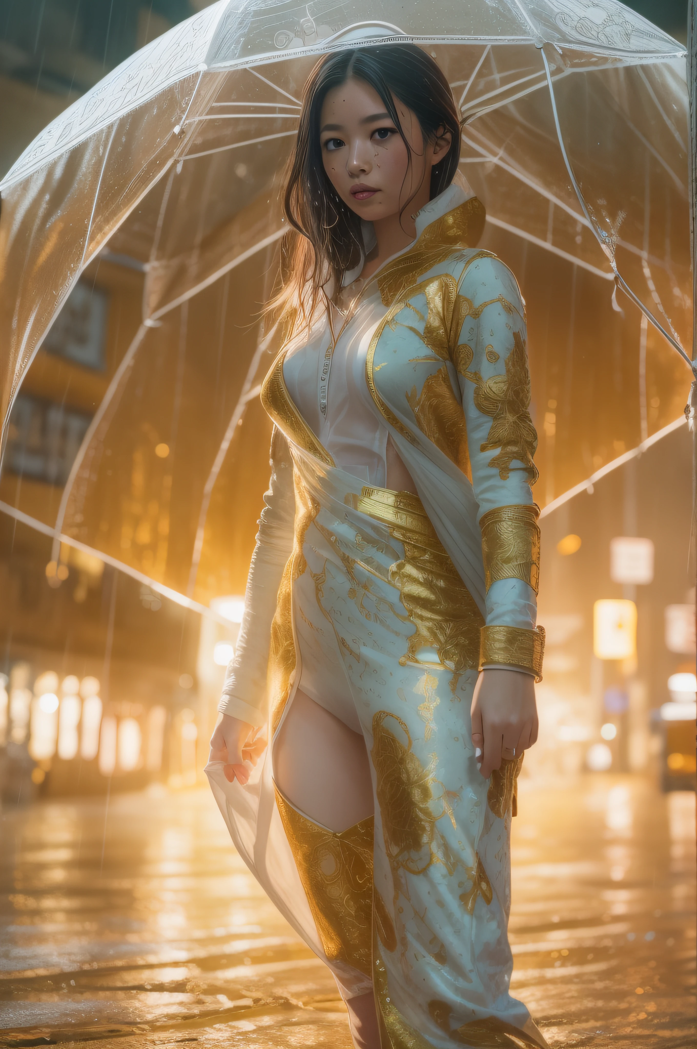 A woman in golden and white, spider man, drip outfit, heavy rain, magical, highly detailed, trending on artstation, unreal engine 4 k, cinematic wallpaper by stanley artgerm lau, wlop, rossdraws, james jean, andrei riabovitchev, marc simonetti, yoshitaka amano. background by james jean and gustav klimt, light by julie bell, 4 k, porcelain skin, style of zdislaw beksinski, detailed, 8k, dynamic lighting, white chromatic aberration, soaking wet