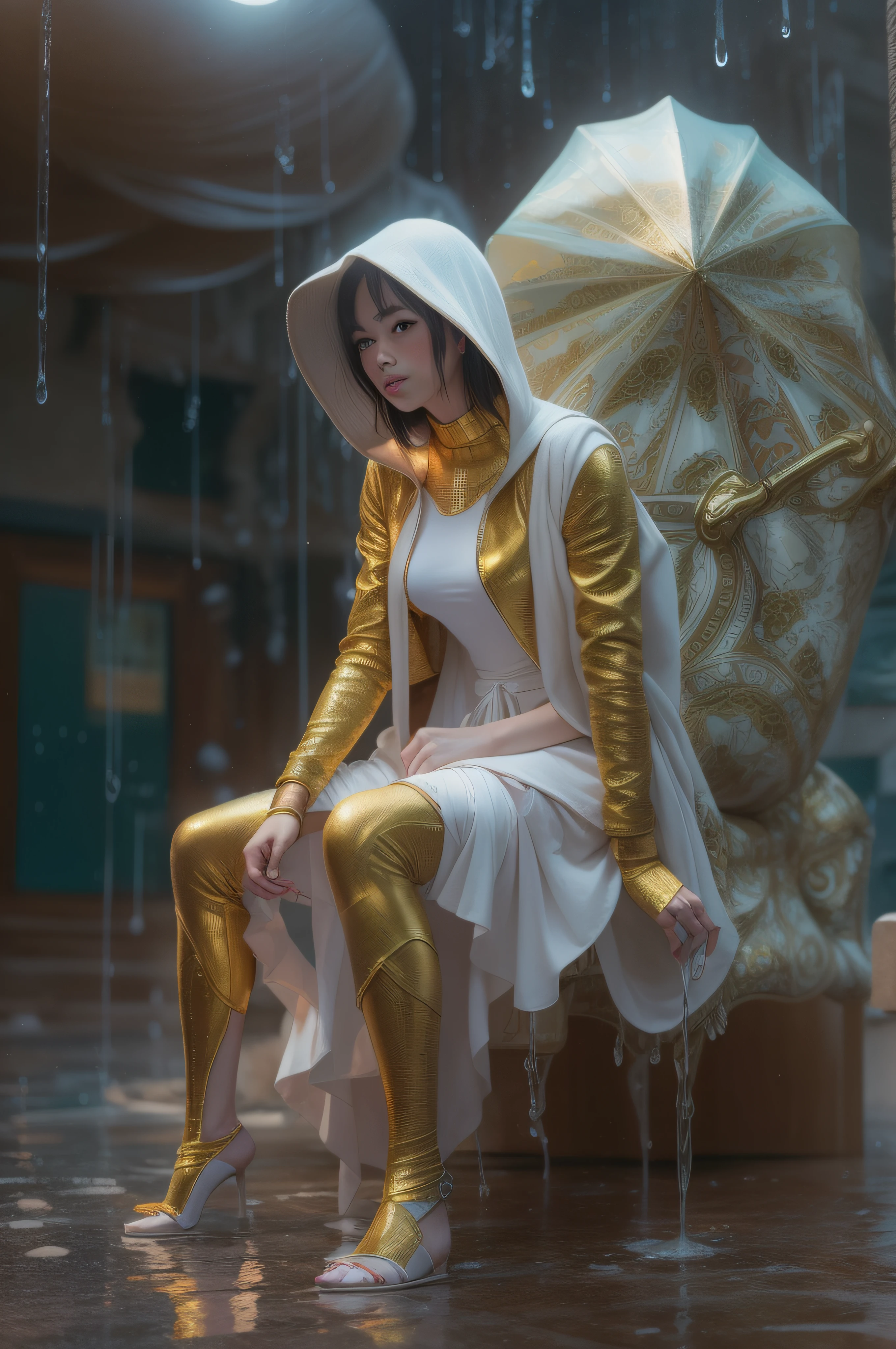 A woman in golden and white, spider man, drip outfit, heavy rain, magical, highly detailed, trending on artstation, unreal engine 4 k, cinematic wallpaper by stanley artgerm lau, wlop, rossdraws, james jean, andrei riabovitchev, marc simonetti, yoshitaka amano. background by james jean and gustav klimt, light by julie bell, 4 k, porcelain skin, style of zdislaw beksinski, detailed, 8k, dynamic lighting, white chromatic aberration, soaking wet