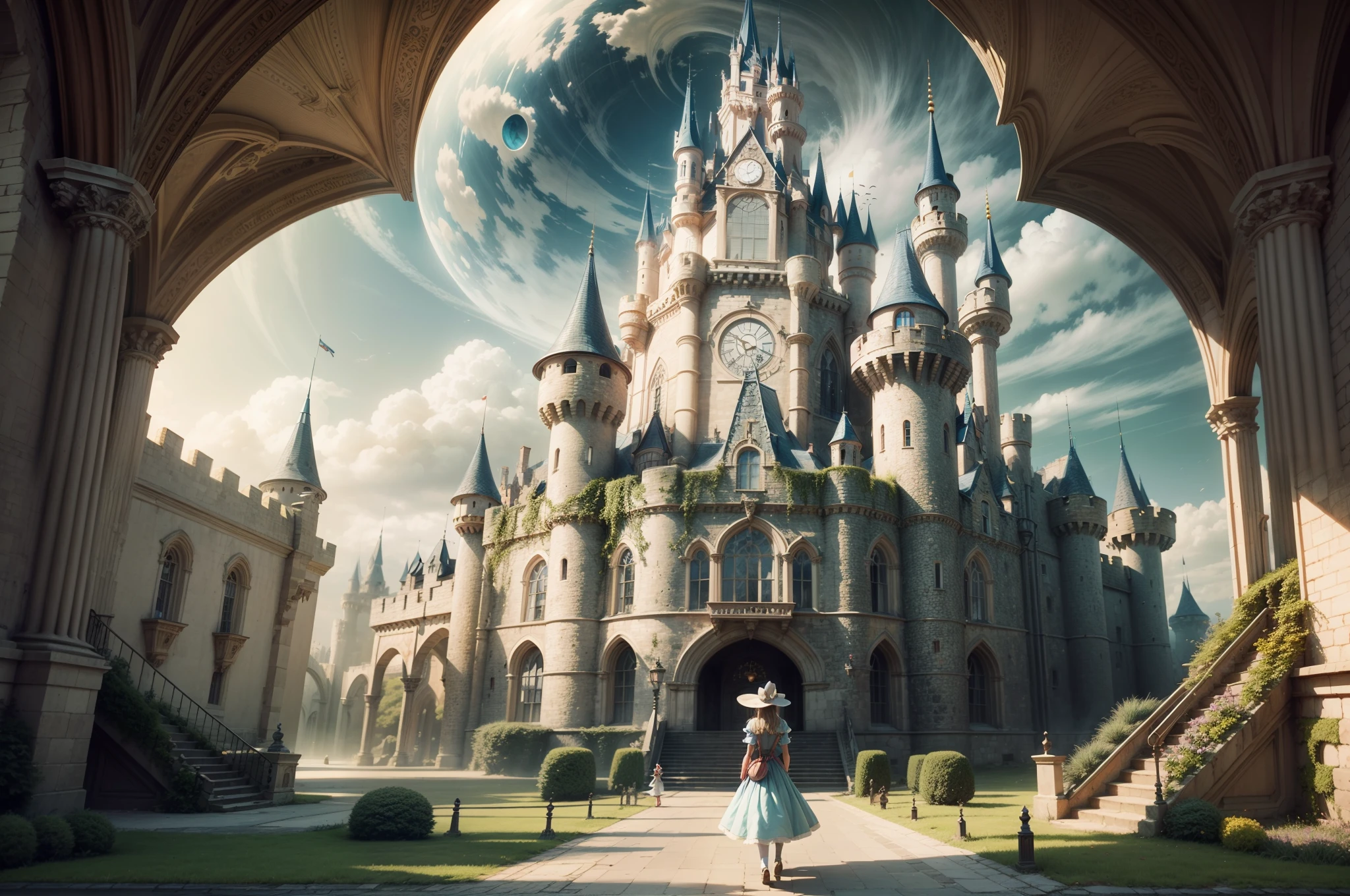 arafed view of a castle with a woman walking in front, inside her surreal vr castle, beautiful castle, beautiful render of a fairytale, like alice in wonderland, flying cloud castle, very far royal steampunk castle, photorealistic disney, magical castle, in a castle on an alien planet, alice attends mad tea party, standing near a castle, abandoned castle in the sky