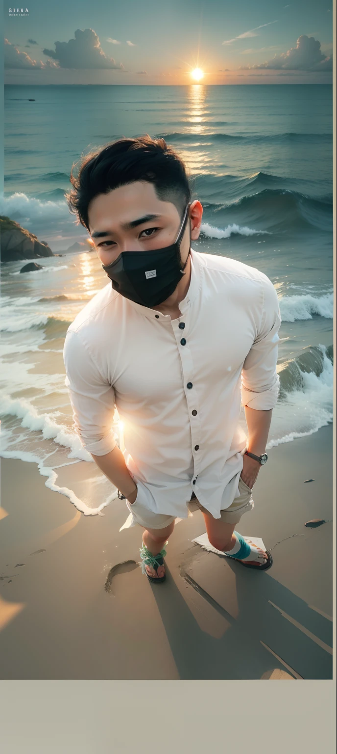 Change background sea view and sun set and change clothe