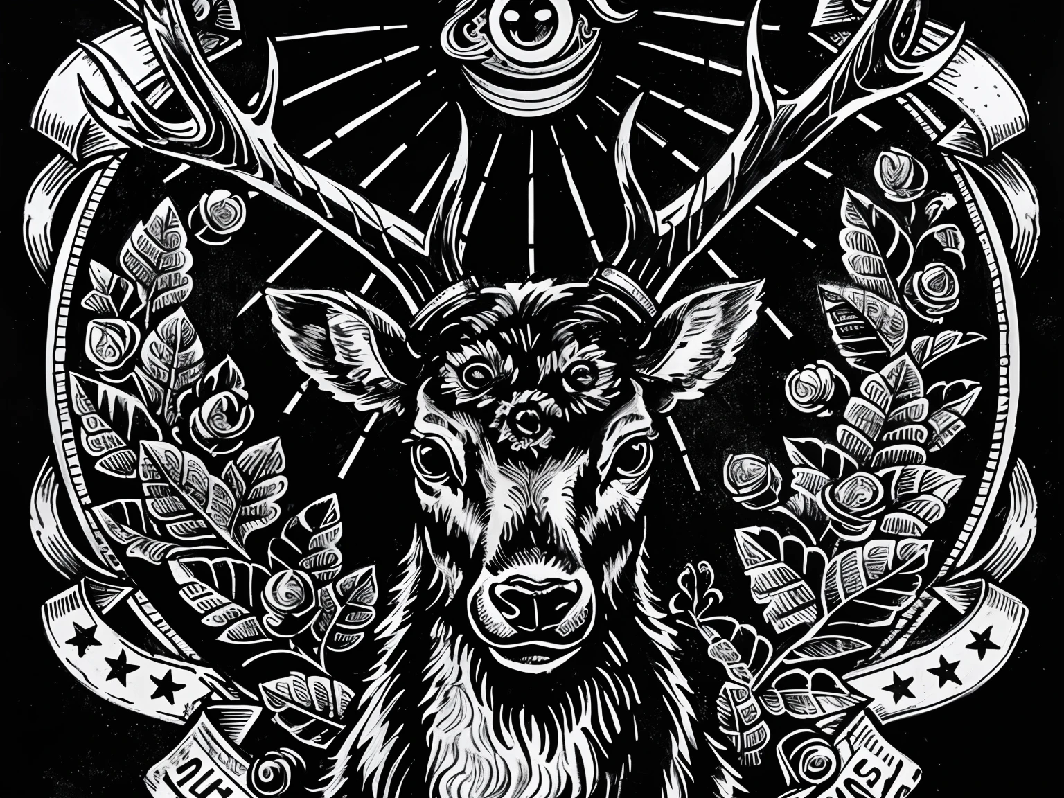 a black and white drawing of a deer with a sun in the background, occult inspired, highly detailed dark art, high detailed + tarot card, occult details, occult art, deers and ravens, mcbess illustration, occult aesthetics alchemy, extremely detailed linework, detailed linework, clean detailed art, detailed artwork, anthropomorphic deer, high detailed official artwork