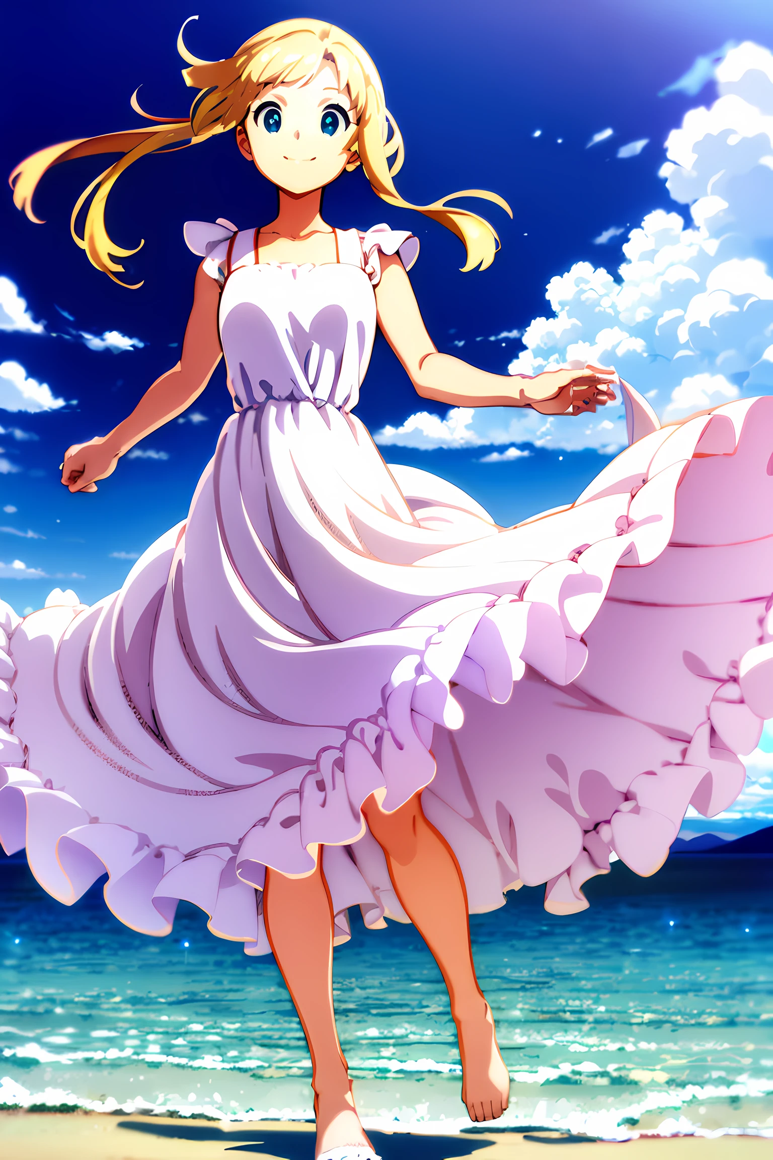 masterpiece, best quality, highres, 1girl, full body,cute girl wearing simple white dress, floating hair, wind, smile, arms behind back, blonde hair