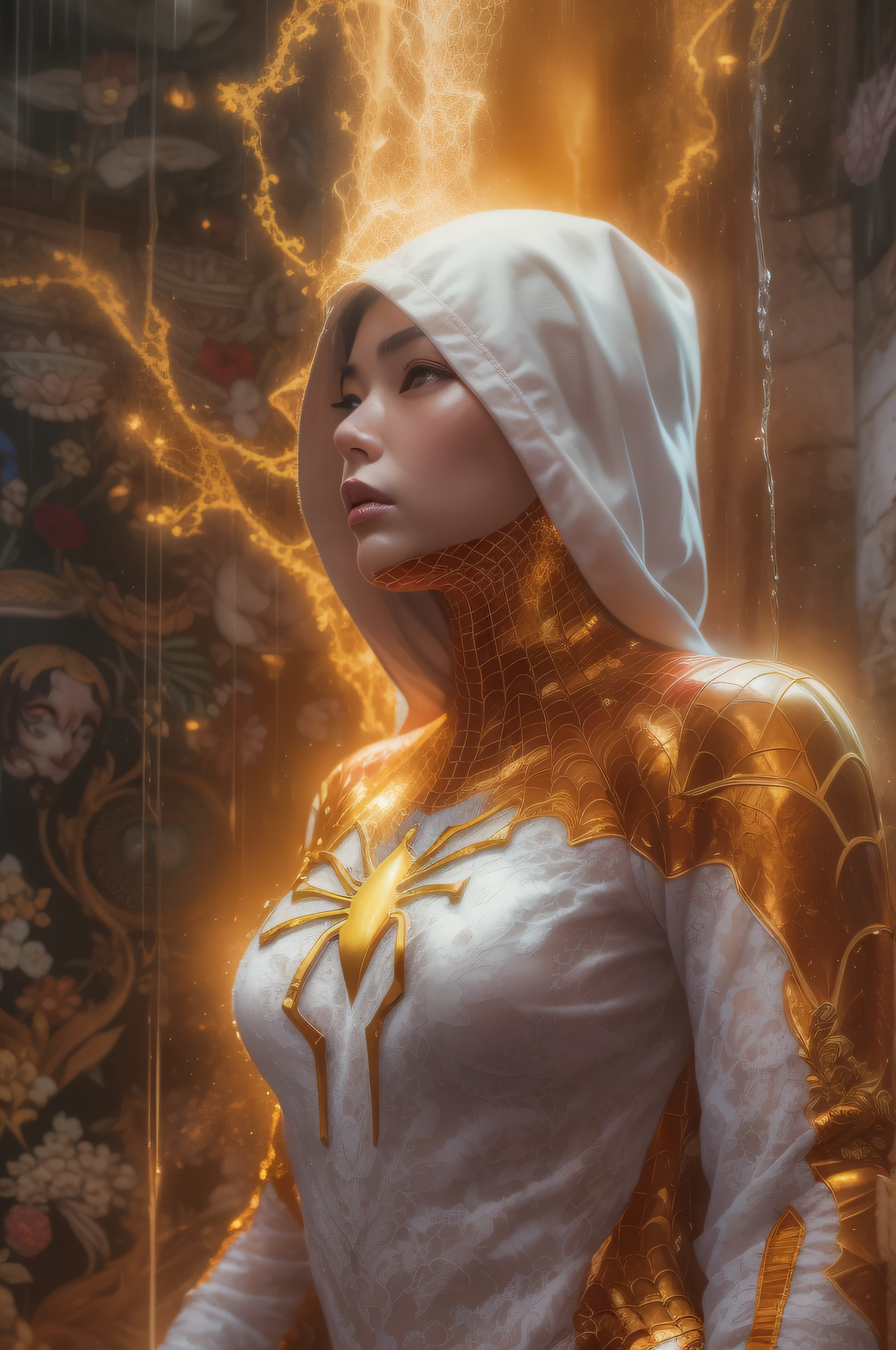 A woman in golden and white, spider man, drip outfit, heavy rain, magical, highly detailed, trending on artstation, unreal engine 4 k, cinematic wallpaper by stanley artgerm lau, wlop, rossdraws, james jean, andrei riabovitchev, marc simonetti, yoshitaka amano. background by james jean and gustav klimt, light by julie bell, 4 k, porcelain skin, style of zdislaw beksinski, detailed, 8k, dynamic lighting, white chromatic aberration, soaking wet