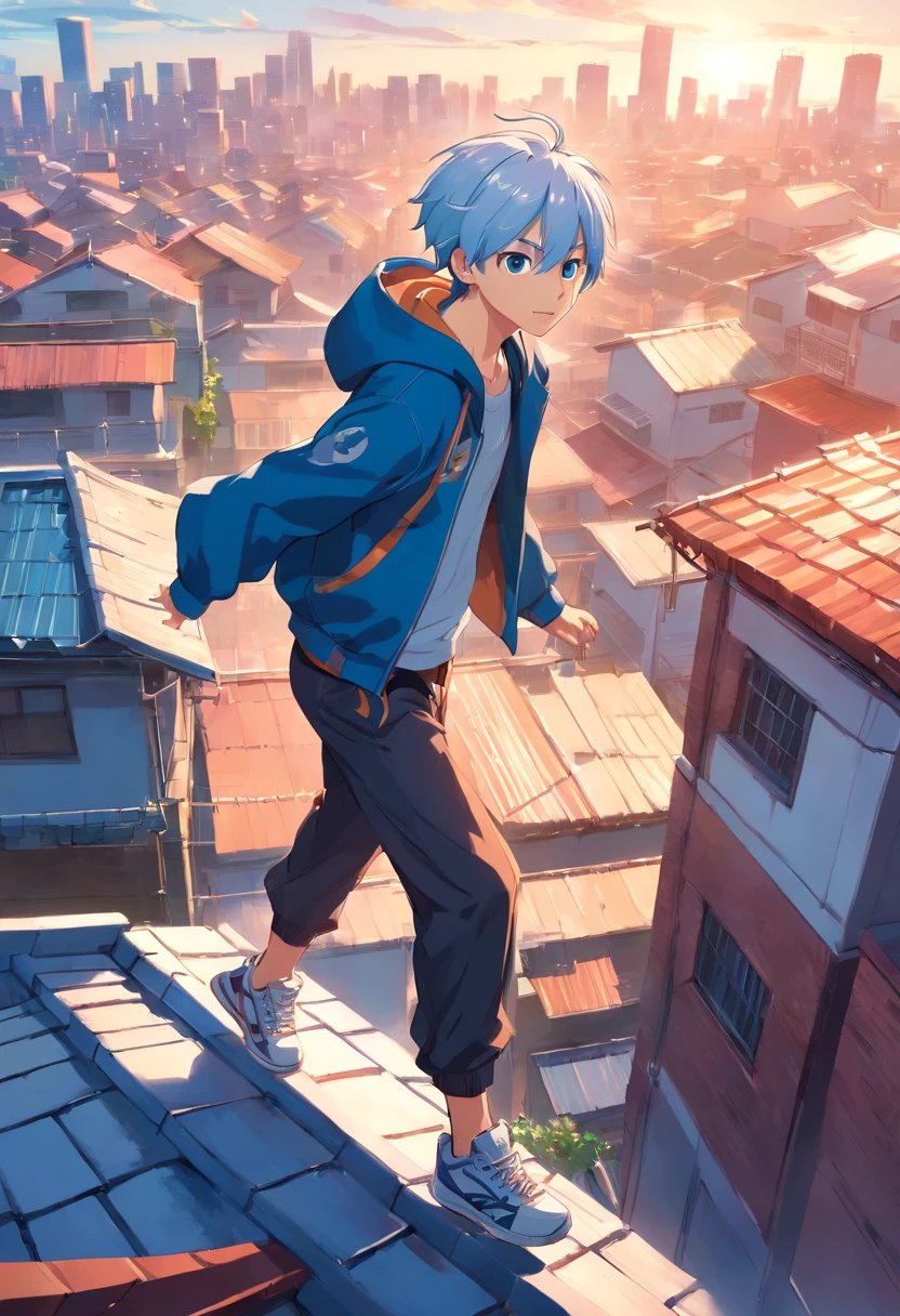 1boy, anime, running on top of the roofs of people's houses, having fun, parkour, wearing a modern jacket with sneakers,blues and white hair,ear piercing, highest quality digital art, absolutely stunning art, extremely detailed