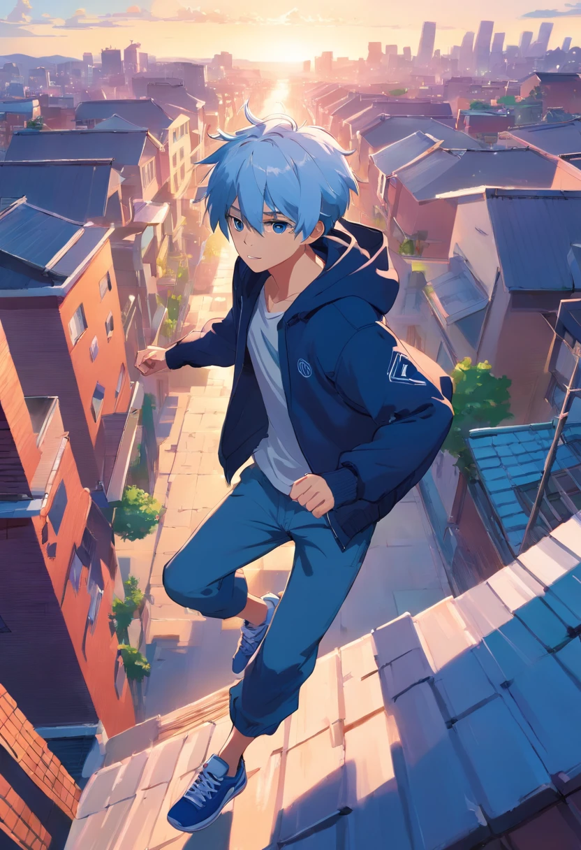 1boy, anime, running on top of the roofs of people's houses, having fun, parkour, wearing a modern jacket with sneakers,blues and white hair,ear piercing, highest quality digital art, absolutely stunning art, extremely detailed