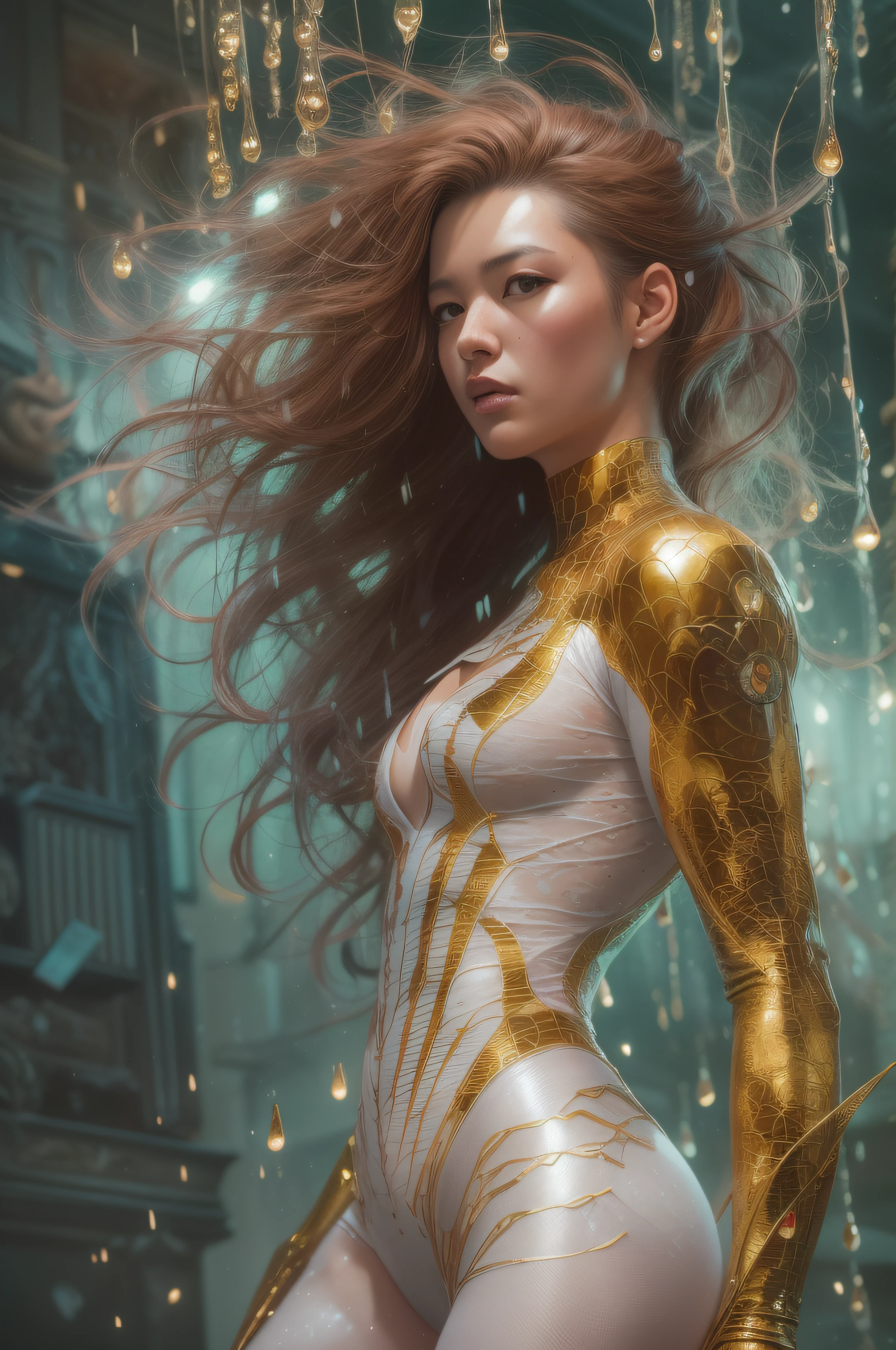 A woman in golden and white, spider man, drip outfit, heavy rain, magical, highly detailed, trending on artstation, unreal engine 4 k, cinematic wallpaper by stanley artgerm lau, wlop, rossdraws, james jean, andrei riabovitchev, marc simonetti, yoshitaka amano. background by james jean and gustav klimt, light by julie bell, 4 k, porcelain skin, style of zdislaw beksinski, detailed, 8k, dynamic lighting, white chromatic aberration, soaking wet