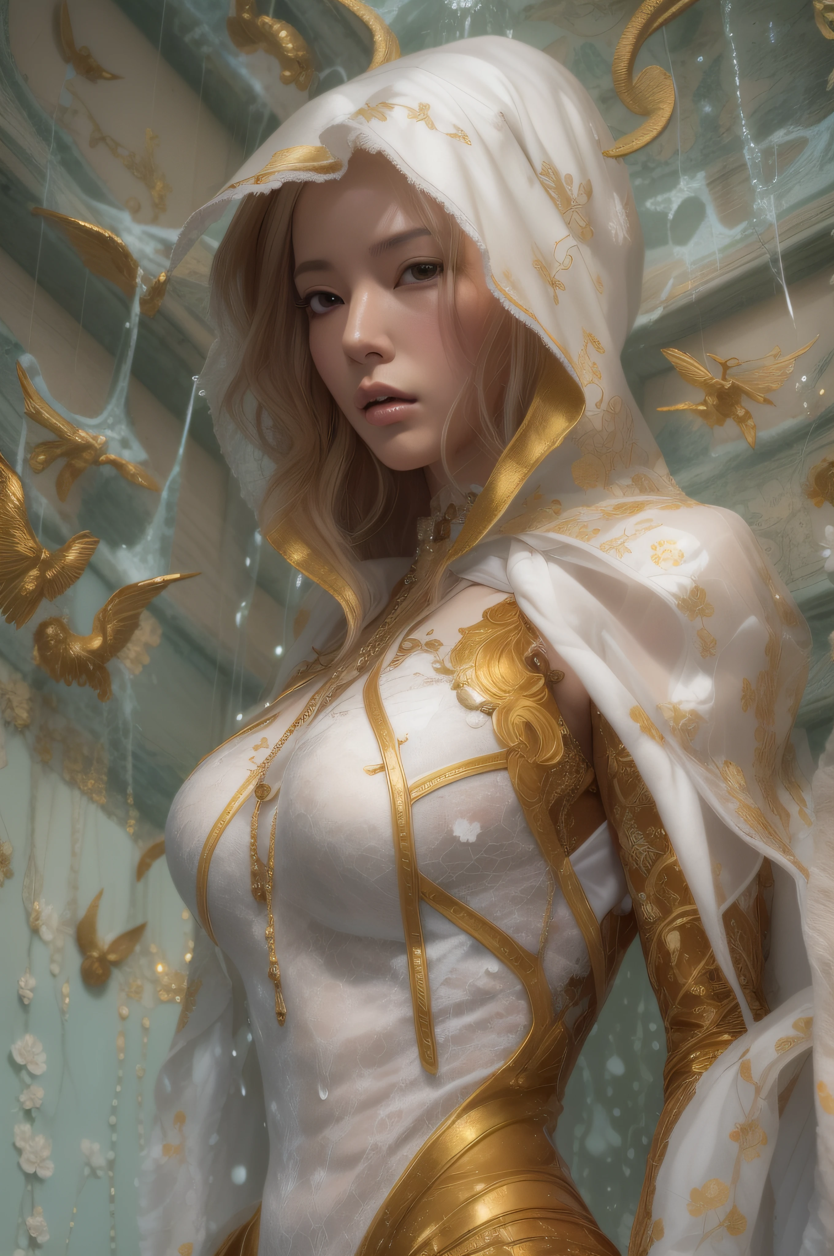 A woman in golden and white, spider man, drip outfit, heavy rain, magical, highly detailed, trending on artstation, unreal engine 4 k, cinematic wallpaper by stanley artgerm lau, wlop, rossdraws, james jean, andrei riabovitchev, marc simonetti, yoshitaka amano. background by james jean and gustav klimt, light by julie bell, 4 k, porcelain skin, style of zdislaw beksinski, detailed, 8k, dynamic lighting, white chromatic aberration, soaking wet