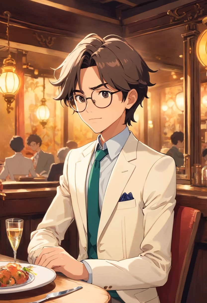 There is a man sitting at a table with plates and glasses, ele tem cerca de 20 anos, ele tem cerca de 2 0 anos de idade, wearing white suit and glasses, delicate androgynous prince, suave em _ Chic Restaurant Background in France, ele tem cerca de 2 5 anos de idade, Estilo Zigor Samaniego, Rick Dai, Beautiful androgynous prince, em roupas brancas