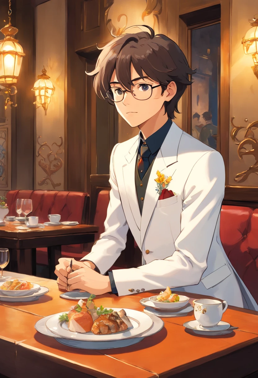 There is a man sitting at a table with plates and glasses, ele tem cerca de 20 anos, ele tem cerca de 2 0 anos de idade, wearing white suit and glasses, delicate androgynous prince, suave em _ Chic Restaurant Background in France, ele tem cerca de 2 5 anos de idade, Estilo Zigor Samaniego, Rick Dai, Beautiful androgynous prince, em roupas brancas