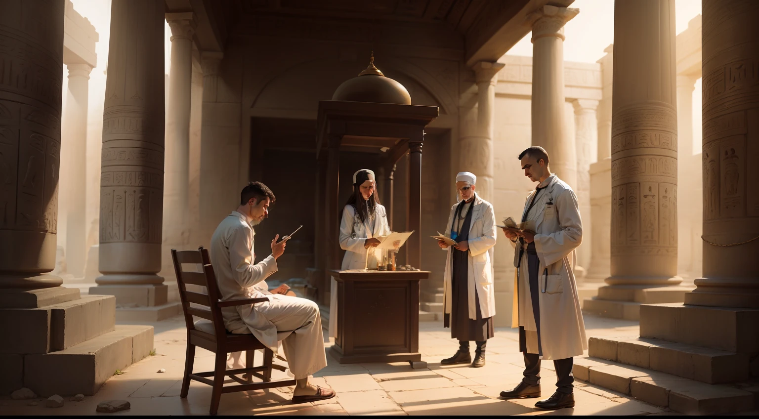 Draw a scene that represents the relationship between medicine and religion in Ancient Egypt, with priest-doctors performing healing rituals in a temple.