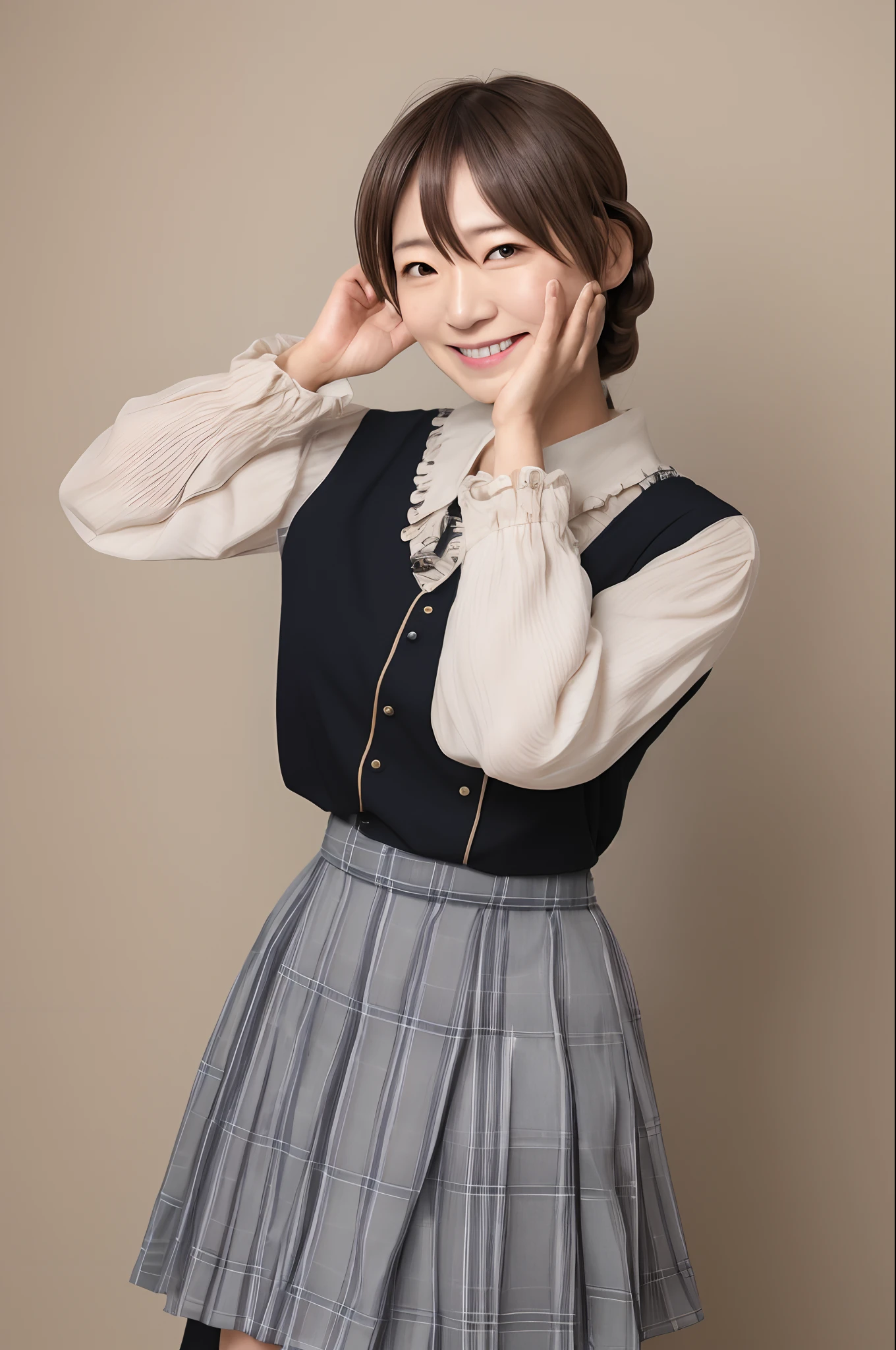 (masutepiece, Best Quality:1.2), Cowboy Shot, Solo, 1girl in, Kaori Sakuramori, Smile, Looking at Viewer, hand on own face, braid, Ahoge, frilld, Shirt, Long sleeves, Black skirt, high waist skirt