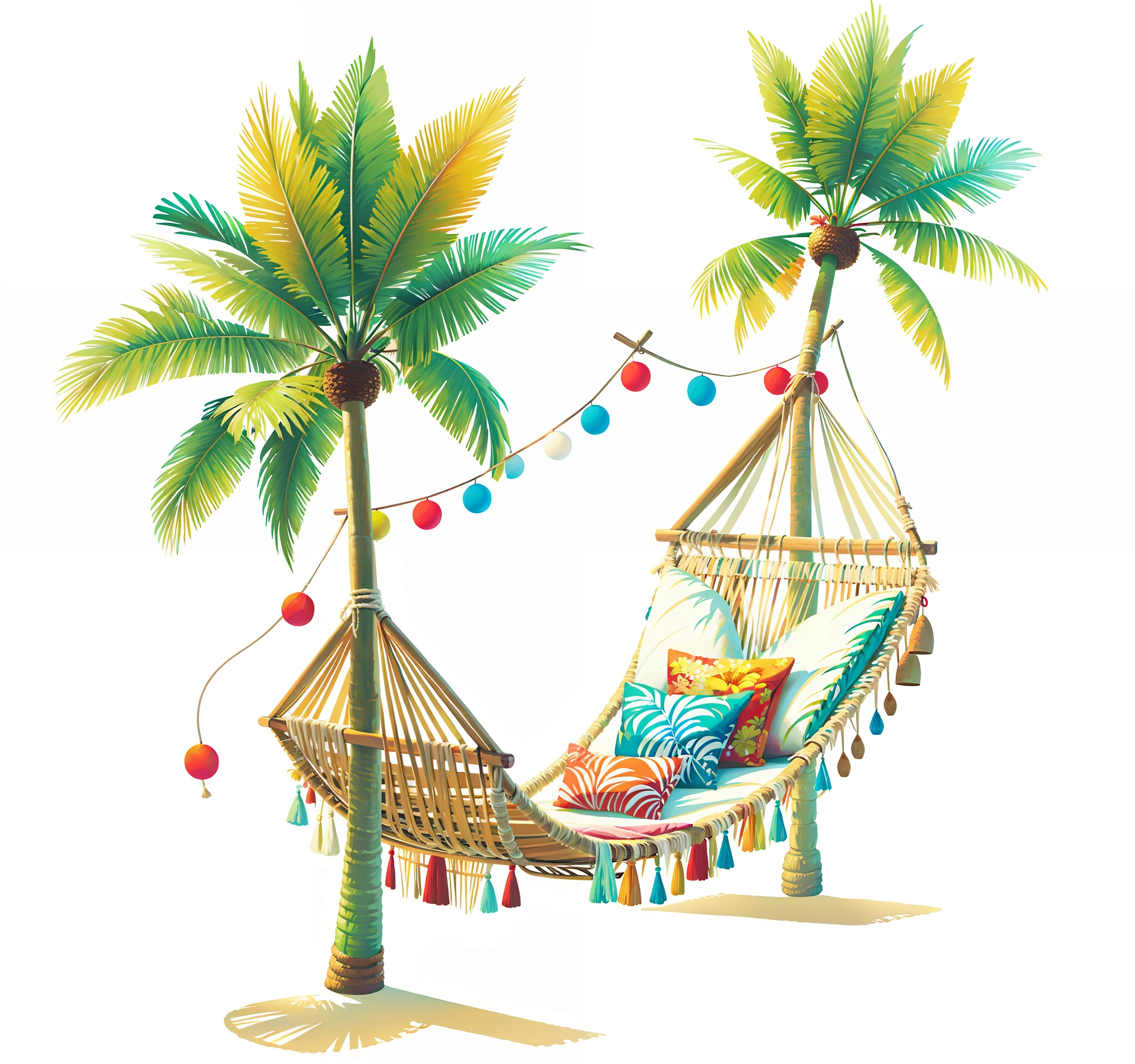 There is a hammock with pillows and pillows on the beach, beach setting, summer scenery, humor tropical, estilo tropical, acolhedor, illustration", Summer Feeling, holiday season, arte conceitual relaxante, feriado, holiday vibe, tropical paradise, Humor quente, branco bg, perto da praia, ilustrado em estilo caprichoso, vibe tropical, tropical backdrop, cena encantada aconchegante, vacation, Cozy setting