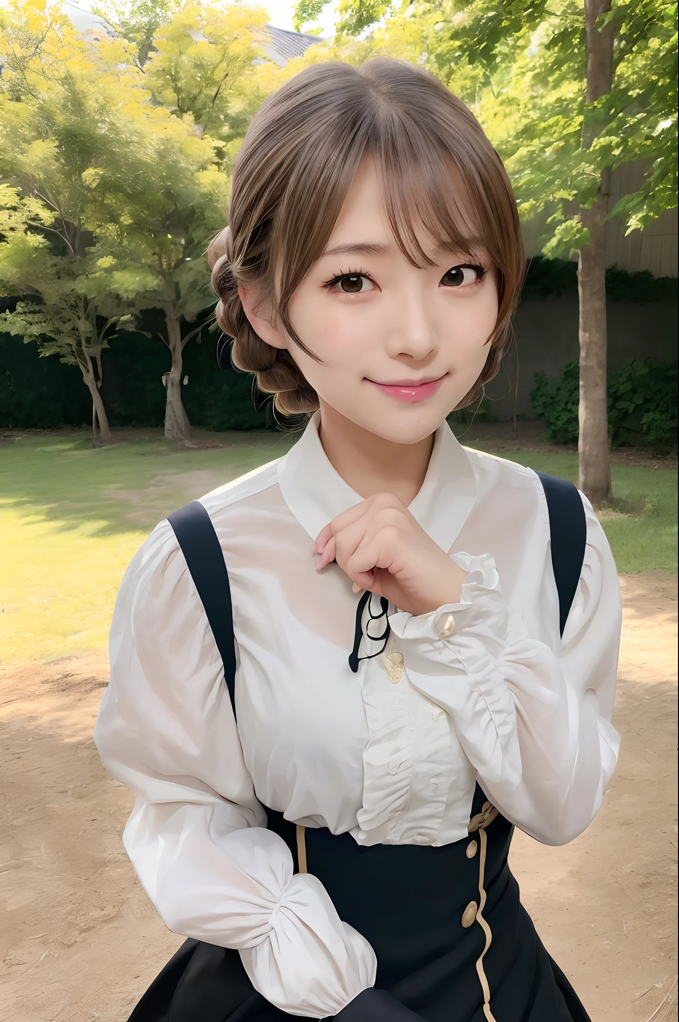 (masutepiece, Best Quality:1.2), Cowboy Shot, Solo, 1girl in, Kaori Sakuramori, Smile, Looking at Viewer, hand on own face, braid, Ahoge, frilld, Shirt, Long sleeves, Black skirt, high waist skirt