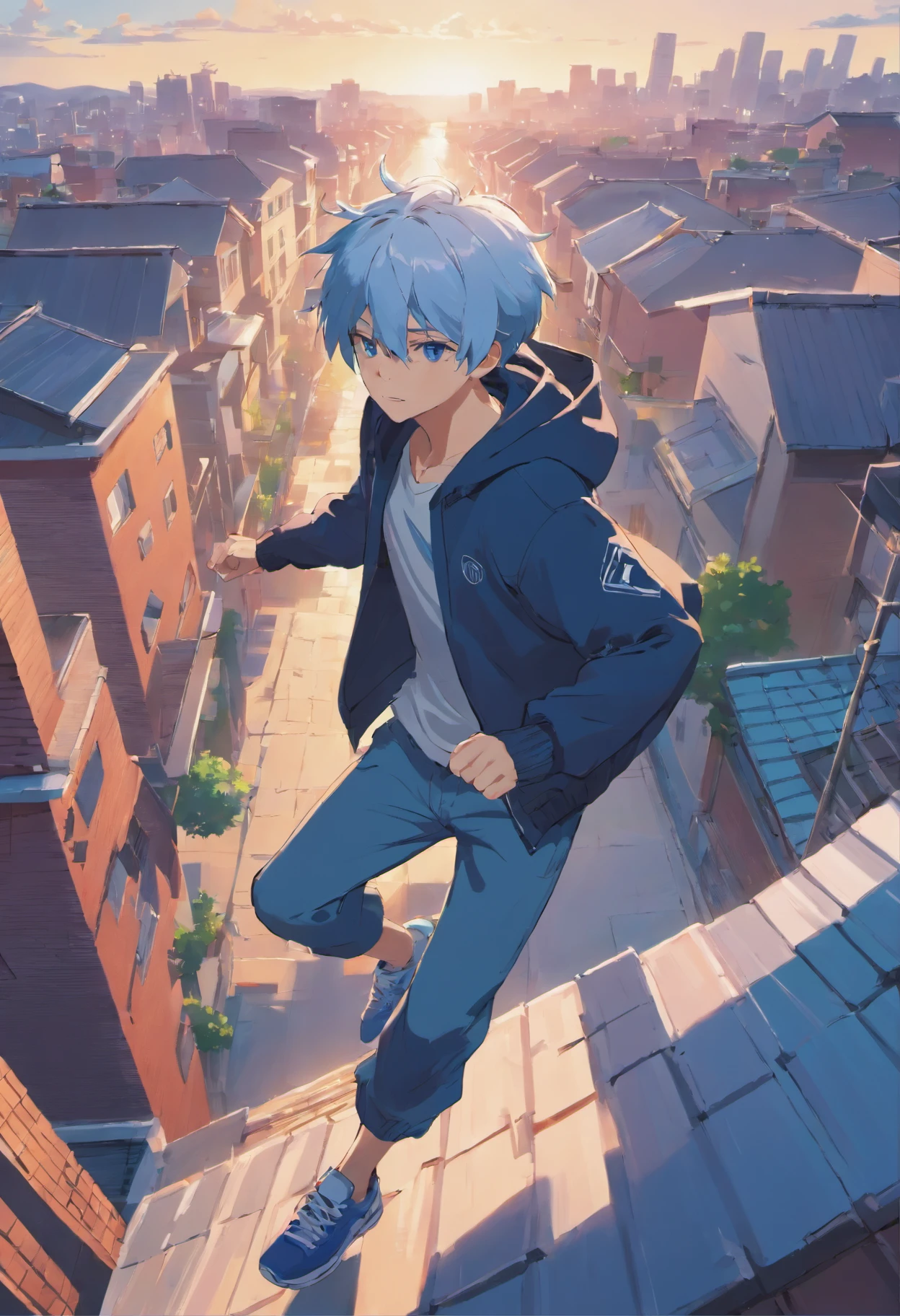 1boy, anime, running on top of the roofs of people's houses, having fun, parkour, wearing a modern jacket with sneakers,blues and white hair,ear piercing, highest quality digital art, absolutely stunning art, extremely detailed