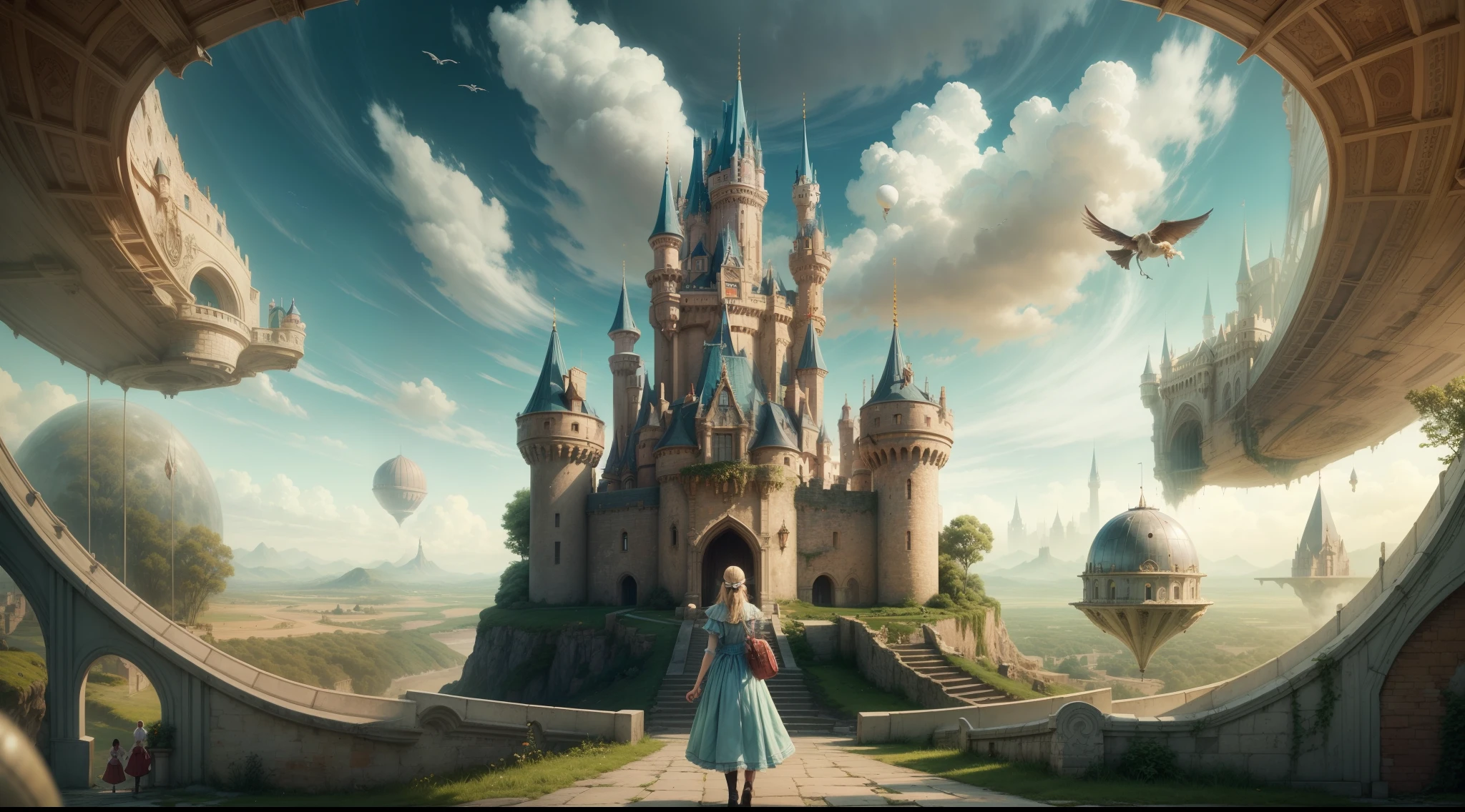 arafed view of a castle with a woman walking in front, inside her surreal vr castle, beautiful castle, beautiful render of a fairytale, like alice in wonderland, flying cloud castle, very far royal steampunk castle, photorealistic disney, magical castle, in a castle on an alien planet, alice attends mad tea party, standing near a castle, abandoned castle in the sky