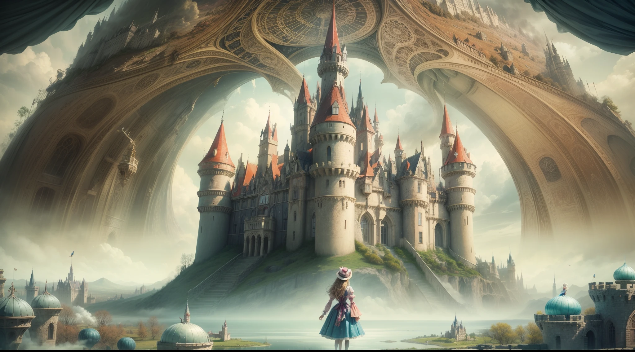 arafed view of a castle with a woman walking in front, inside her surreal vr castle, beautiful castle, beautiful render of a fairytale, like alice in wonderland, flying cloud castle, very far royal steampunk castle, photorealistic disney, magical castle, in a castle on an alien planet, alice attends mad tea party, standing near a castle, abandoned castle in the sky