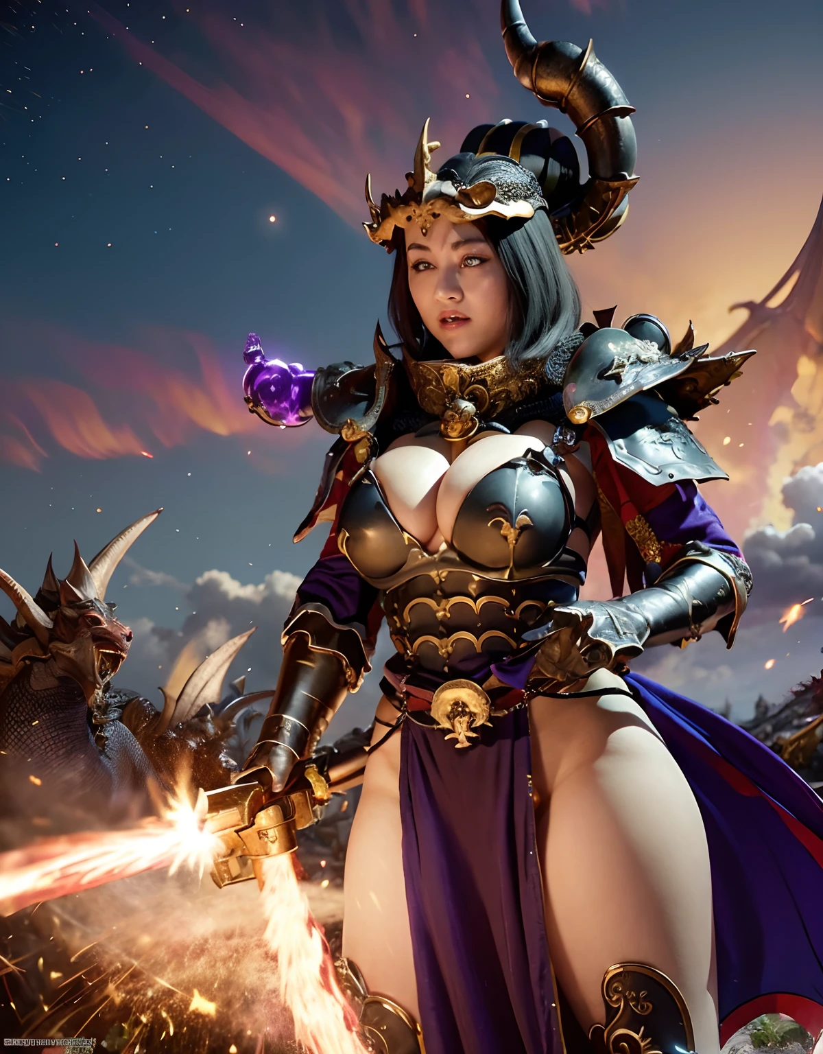 Professional , ​masterpiece、top-quality、photos realistic , depth of fields 、（Dragon Blue Metal Body:1.９),(Enamel purple、（cleavage of the breast）、Mystical expression、Dragon Gold Weapon、（Red Micro Bikini Armor:1.４),Gorgeous gold weapons ,Particles of light、（（ Dragon's dense and gorgeous sword）） , （demonic wings）、（（a blond））、（Castle background）、（（Gangle's forest background））、（（Fight dragons））、Beautiful Caucasian beauty、１a person、dynamic ungle,(((Detailed and ornate dragon helmet)))、Smaller head、A smile、Castle background、Thin and beautiful female hands、cleavage of the breast、Soldier in iron armor on background、Mystical expression、Light Effects、intense fighting、Wind-effect、magic circles、With the legendary magic wand、Dragon's tail、explosions、Anatomically correct body、