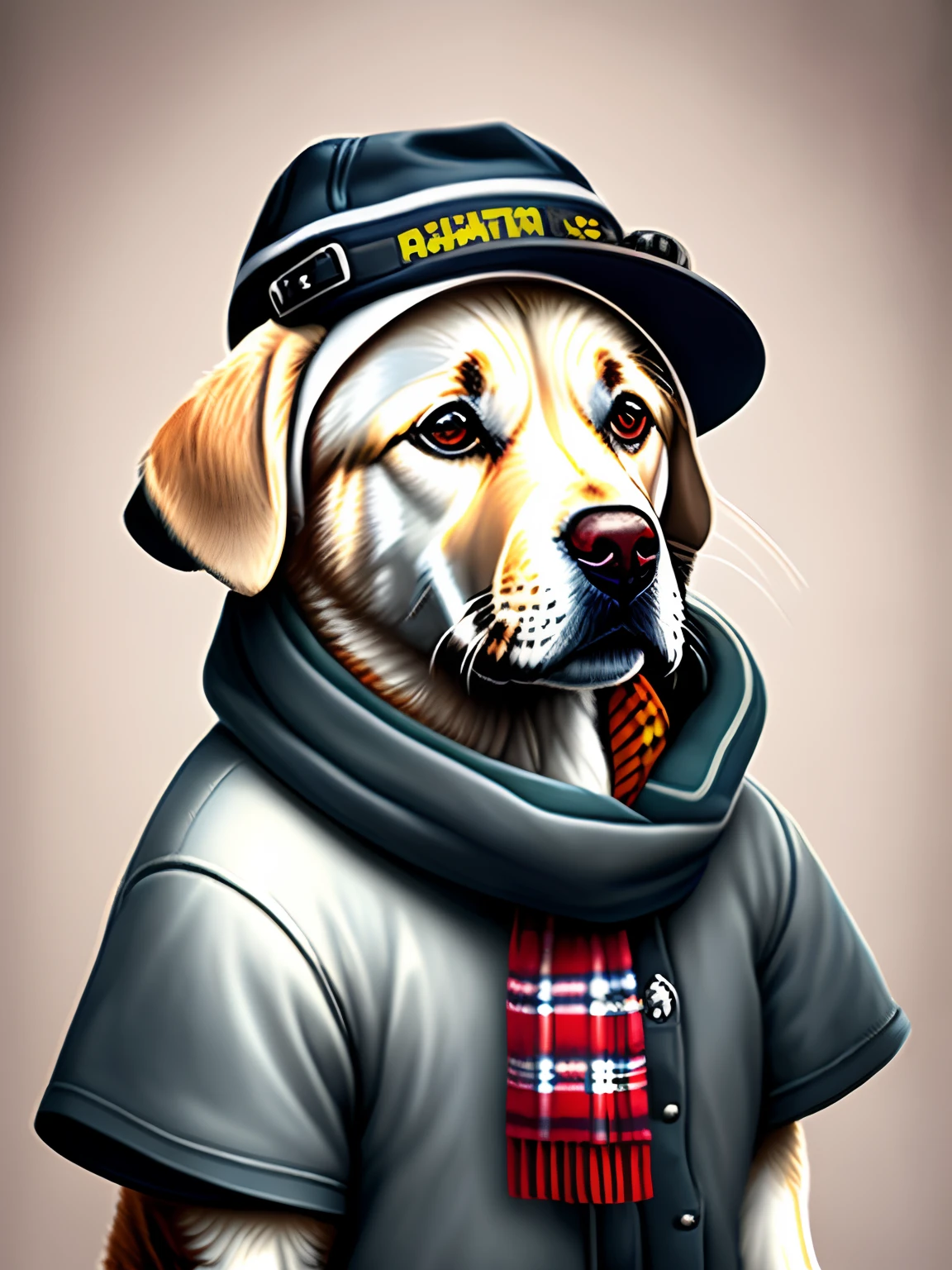 a painting of a white labrador wearing a hat and scarf, trend in art station, dressed in punk clothing, hyper realistic detailed render, british gang member, urban style, intimidating pose, planet of the cats, trendy clothes, urban samurai, meow, west slav features, 8 1 5
