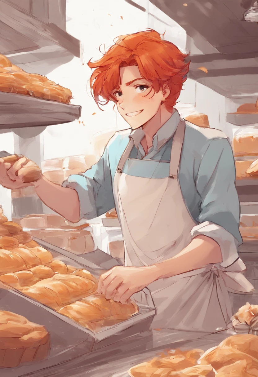 beautiful redhead young man working in a bakery, manhwa style, Young man, redhead cute boy, cute boy, ginger, Young man with an astonished face, boy with bakery uniform, wavy hair