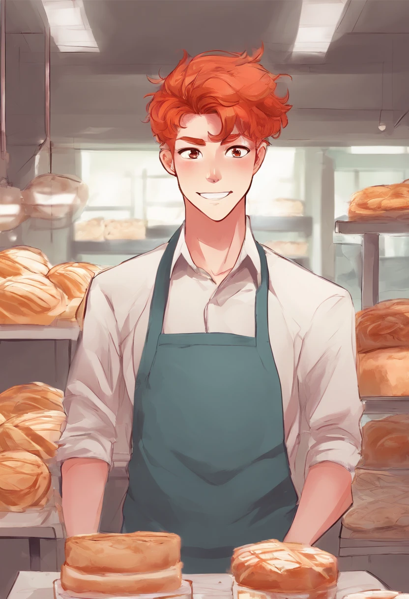 beautiful redhead young man working in a bakery, manhwa style, Young man, redhead cute boy, cute boy, ginger, Young man with an astonished face, boy with bakery uniform, wavy hair