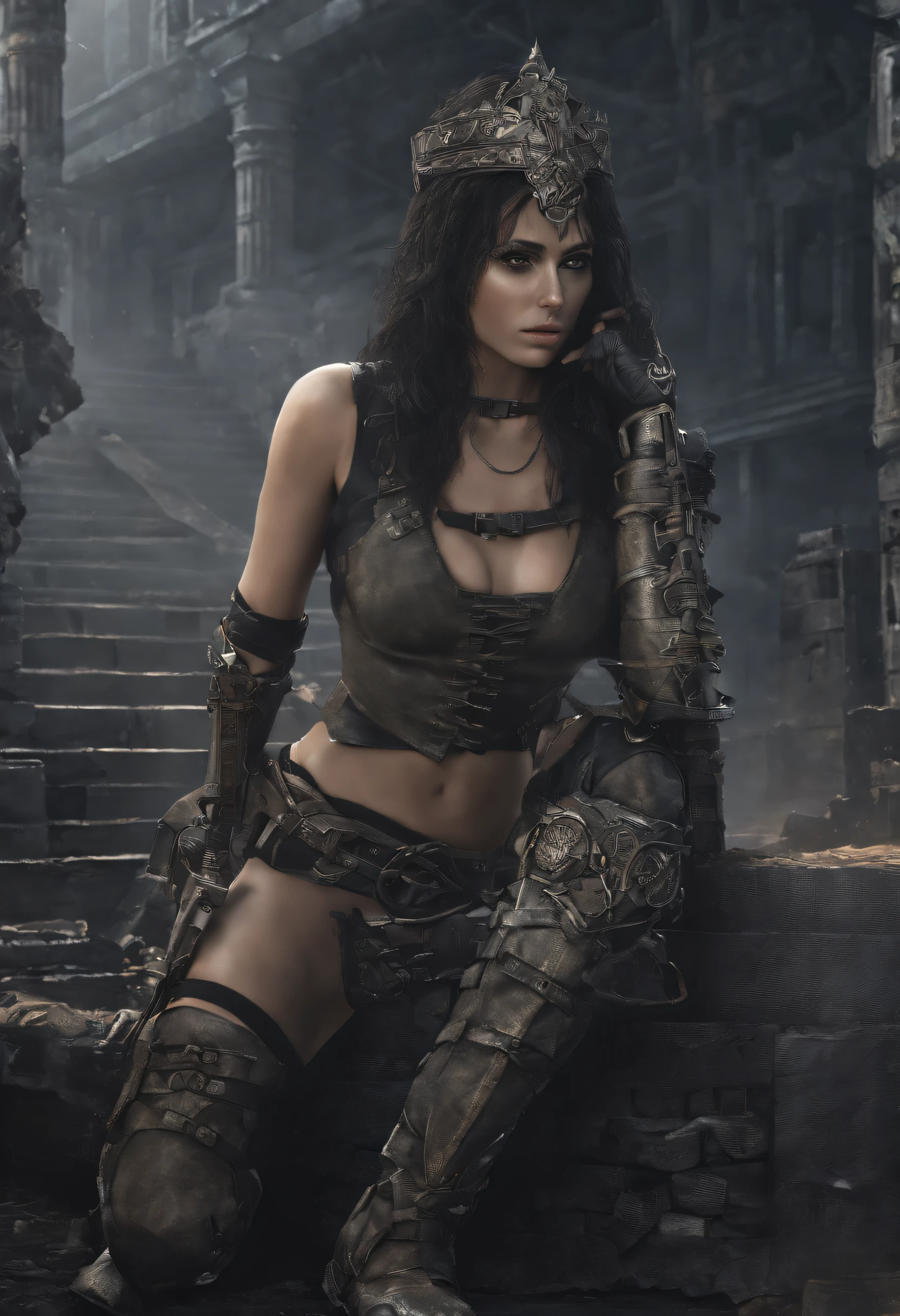 (extremamente detalhado CG unidade 16k papel de parede:1.1), (Denoising strength: 1.45), (tmasterpiece:1.37), estilo de jogo, Princesa guerreira Xena, hiper HD, fantasia sombria