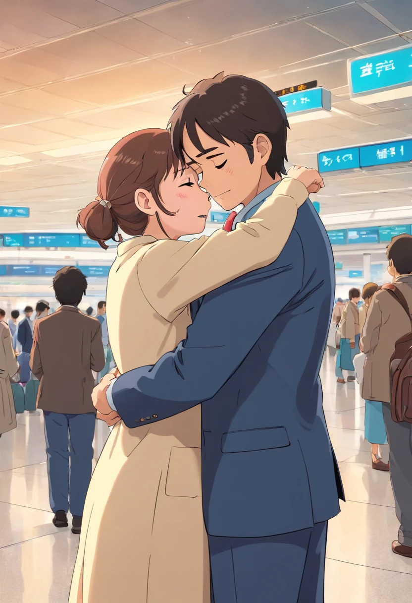 A woman crying at the airport as her partner hugs her, antes de embarcar.