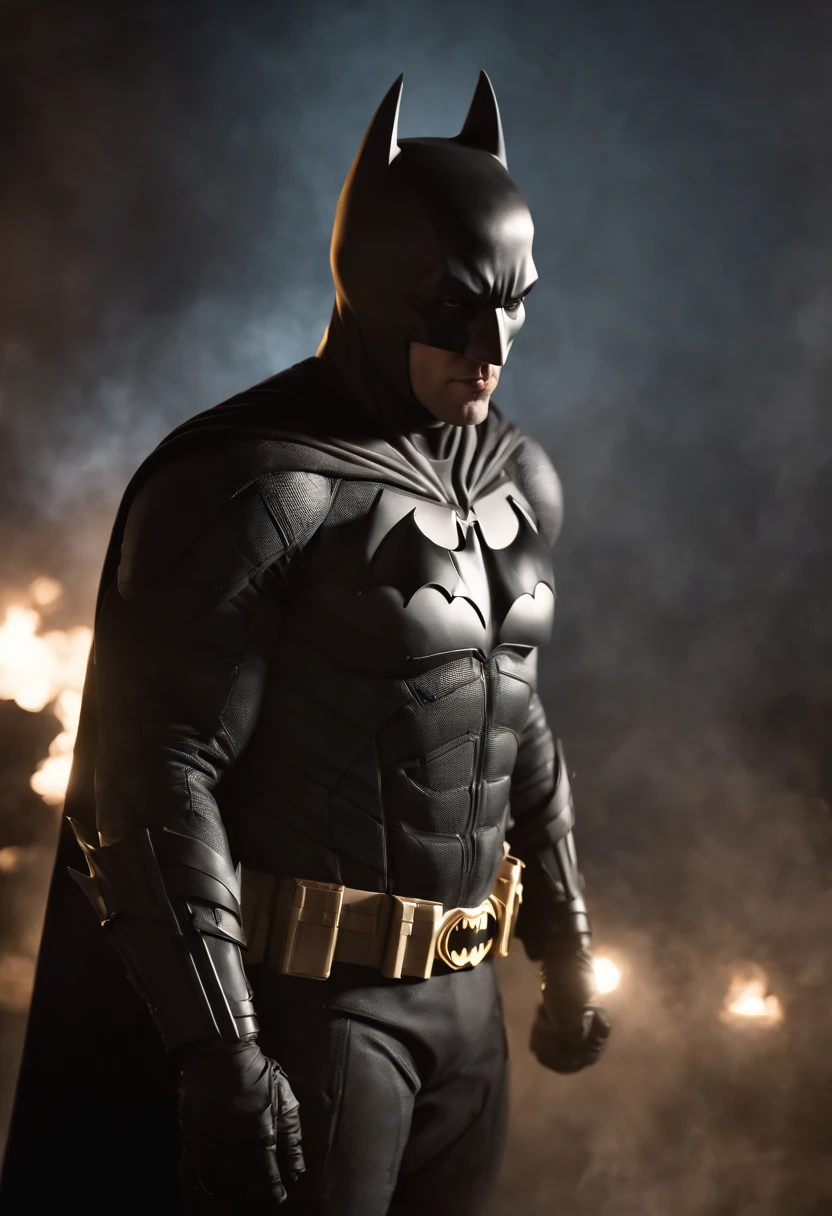 (CG extremamente detalhado e realista, master part, best quality, ultra-detalhado) Batman em traje dourado e branco, (best ilumination, Melhor sombra, um extremamente delicado e bonito), Dynamic angle, cinematic atmospheric, mechnical, smoke billowing, vapor, cores vibrantes.