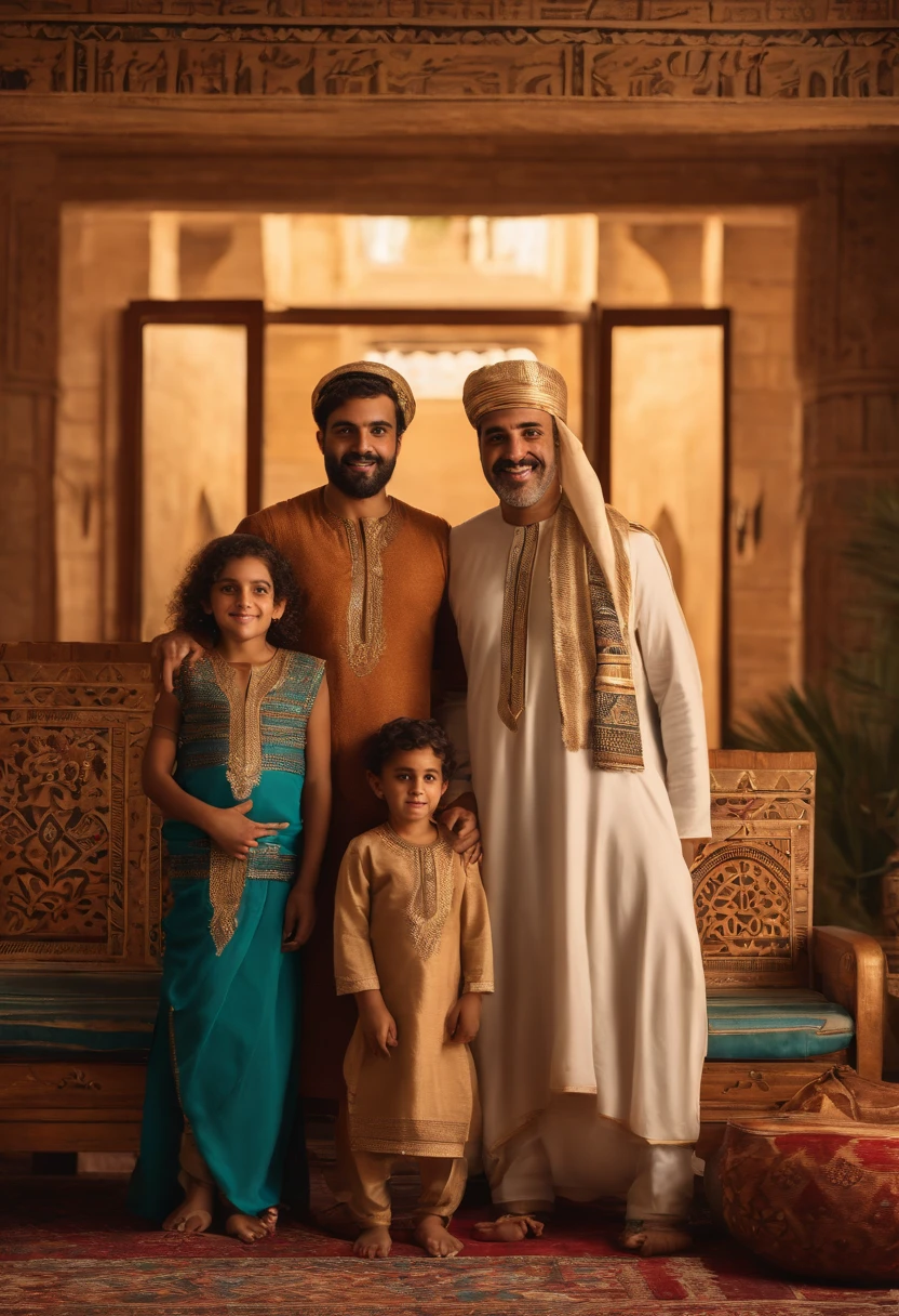 Egyptian family: Father with a strong presence, mother with warm eyes, young son full of curiosity.

Environment: Traditional Egyptian living room, adorned with vibrant colors, decorative patterns, and family portraits.

Mood/Feelings/Atmosphere: Loving, harmonious, proud, connected to heritage and family values.

Artistic medium/techniques: Natural light photography, capturing genuine expressions, emphasizing cultural elements.

Artists/illustrators/painters/art movements: Mahmoud Said, Abdel Hadi El-Gazzar, Egyptian realism, contemporary portraiture.

Camera settings: DSLR camera, medium aperture, soft lighting, capturing authentic moments.