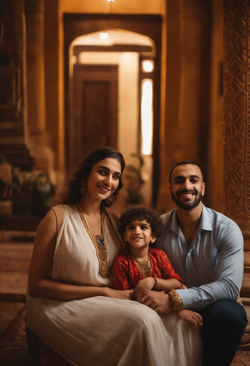 Egyptian family: Father with a strong presence, mother with warm eyes, young son full of curiosity.
Environment: Traditional Egyptian living room, adorned with vibrant colors, decorative patterns, and family portraits.
Mood/Feelings/Atmosphere: Loving, harmonious, proud, connected to heritage and family values.
Artistic medium/techniques: Natural light photography, capturing genuine expressions, emphasizing cultural elements.
Artists/illustrators/painters/art movements: Mahmoud Said, Abdel Hadi El-Gazzar, Egyptian realism, contemporary portraiture.
Camera settings: DSLR camera, medium aperture, soft lighting, capturing authentic moments.