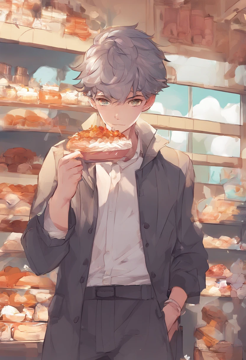 jovem ruivo bonito que trabalha em uma padaria, estilo manhwa, young man, ruivo bonito, meninoo, menino com ue de confeitaria, cabelos ondulados, Scenery with cute and soft cakes
