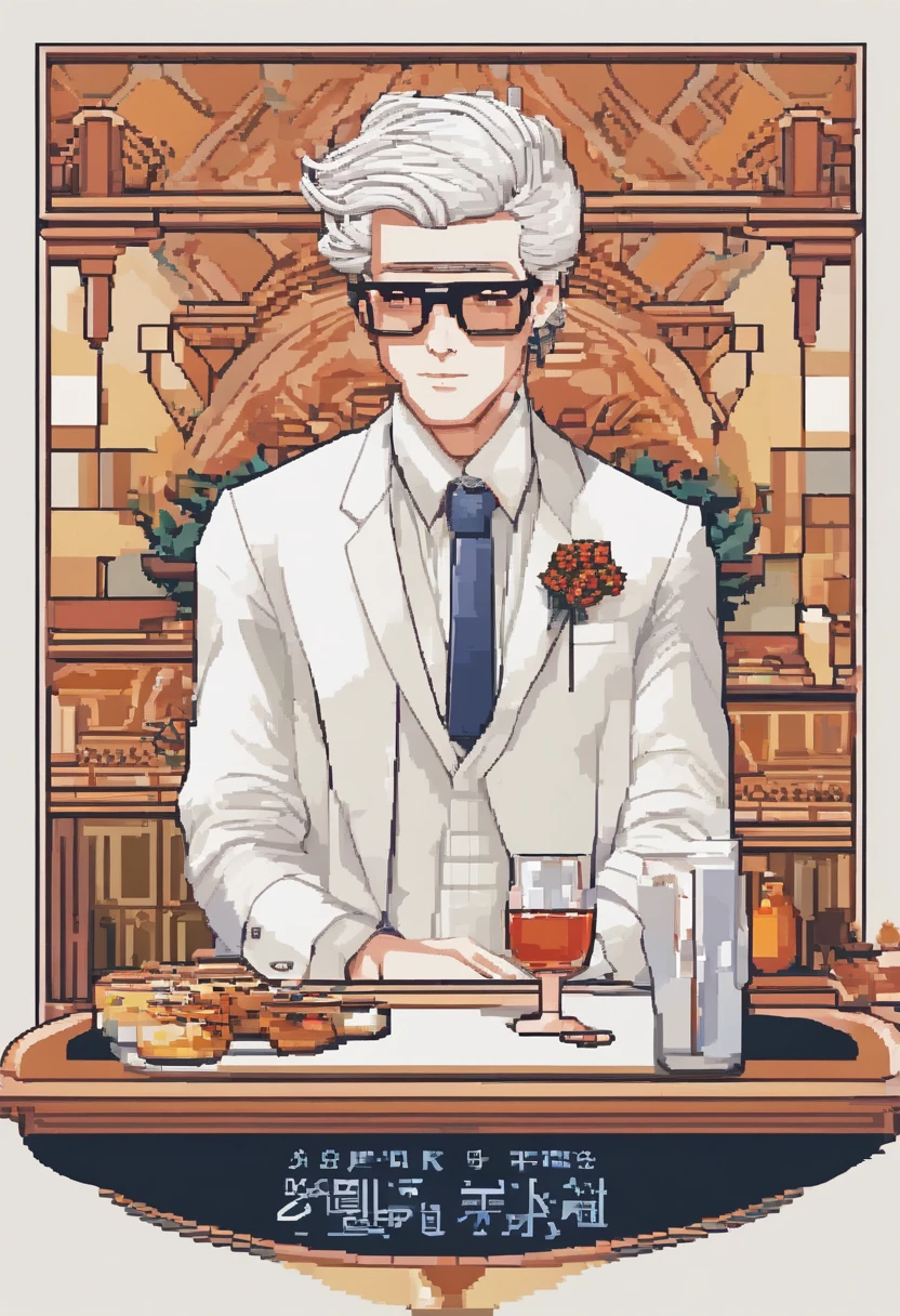 There is a man sitting at a table with plates and glasses, ele tem cerca de 20 anos, ele tem cerca de 2 0 anos de idade, wearing white suit and glasses, delicate androgynous prince, suave em _ Chic Restaurant Background in France, ele tem cerca de 2 5 anos de idade, Estilo Zigor Samaniego, Rick Dai, Beautiful androgynous prince, em roupas brancas