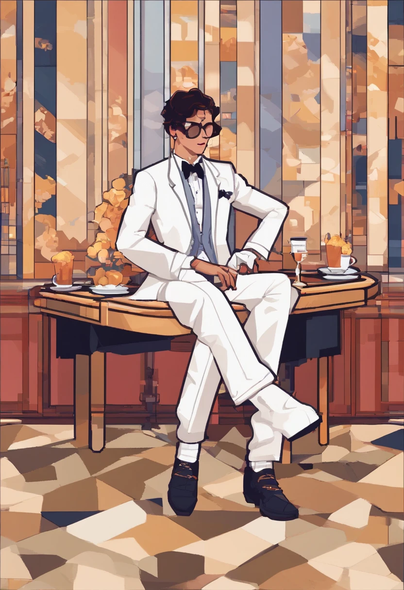 There is a man sitting at a table with plates and glasses, ele tem cerca de 20 anos, ele tem cerca de 2 0 anos de idade, wearing white suit and glasses, delicate androgynous prince, suave em _ Chic Restaurant Background in France, ele tem cerca de 2 5 anos de idade, Estilo Zigor Samaniego, Rick Dai, Beautiful androgynous prince, em roupas brancas