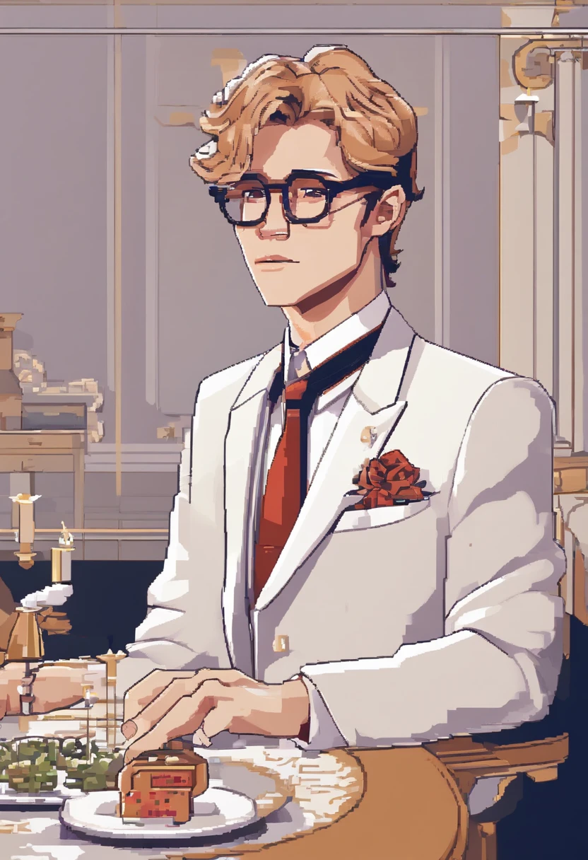 There is a man sitting at a table with plates and glasses, ele tem cerca de 20 anos, ele tem cerca de 2 0 anos de idade, wearing white suit and glasses, delicate androgynous prince, suave em _ Chic Restaurant Background in France, ele tem cerca de 2 5 anos de idade, Estilo Zigor Samaniego, Rick Dai, Beautiful androgynous prince, em roupas brancas