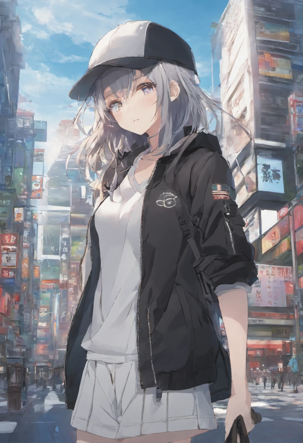((Masterpiece,best quality:1.2)),1girl,solo,anime girl,wearing black jacket,wearing a hat,sunny, surrounded by buildings,city, streets, cinematic lighting,highest quality digital art, Stunning art, wallpaper 4k,8k,64k, HD, unparalleled masterpiece, dynamic lighting, cinematic, epic