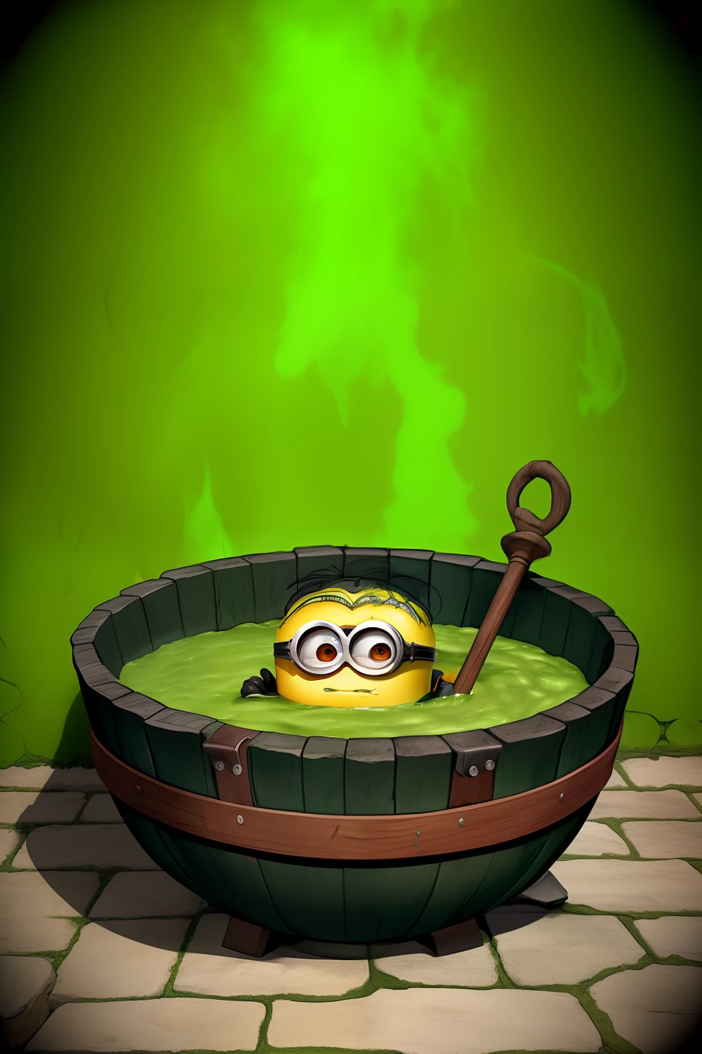 The minions dressed as Frankenstein's Monster around a witches cauldron filled with green sauce