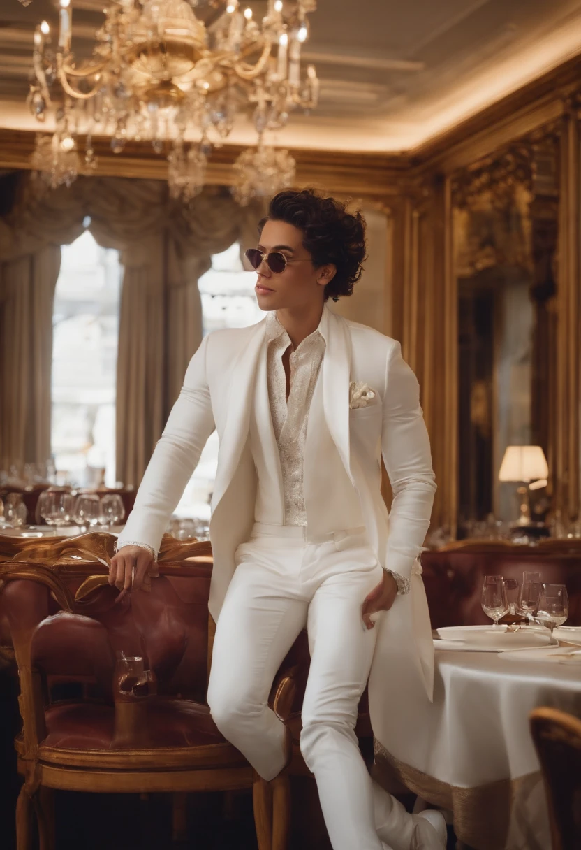 There is a man sitting at a table with plates and glasses, ele tem cerca de 20 anos, ele tem cerca de 2 0 anos de idade, wearing white suit and glasses, delicate androgynous prince, suave em _ Chic Restaurant Background in France, ele tem cerca de 2 5 anos de idade, Estilo Zigor Samaniego, Rick Dai, Beautiful androgynous prince, em roupas brancas