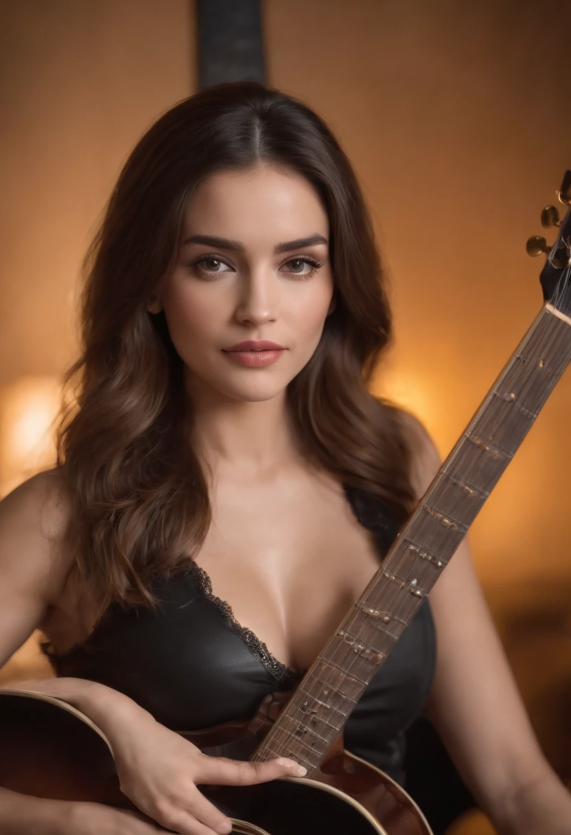 Beautiful woman, guitar body, big breasts