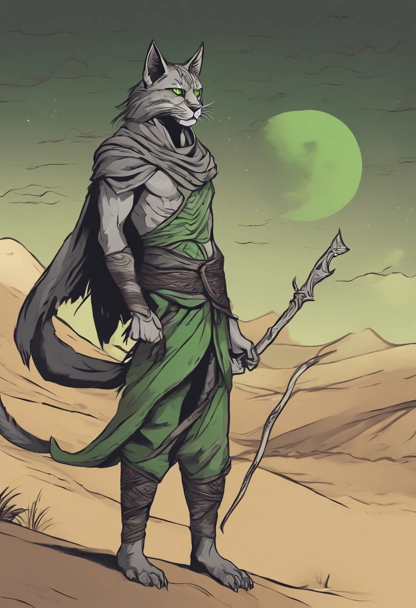 Illustrate a gray Khajiit with green eyes in a moment of contemplation in the desert dunes, with a crescent moon in the night sky.