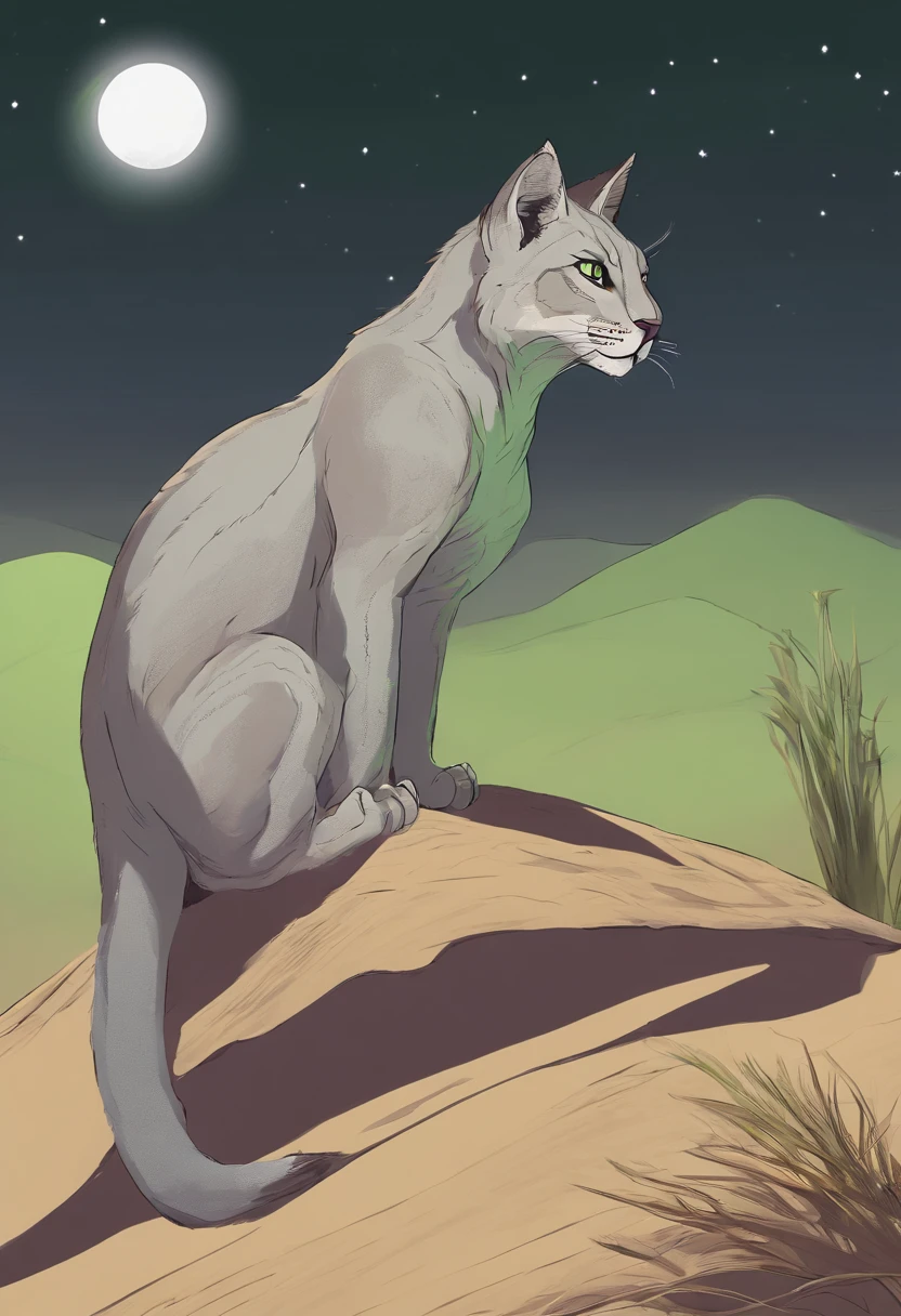 Illustrate a gray Khajiit with green eyes in a moment of contemplation in the desert dunes, with a crescent moon in the night sky.
