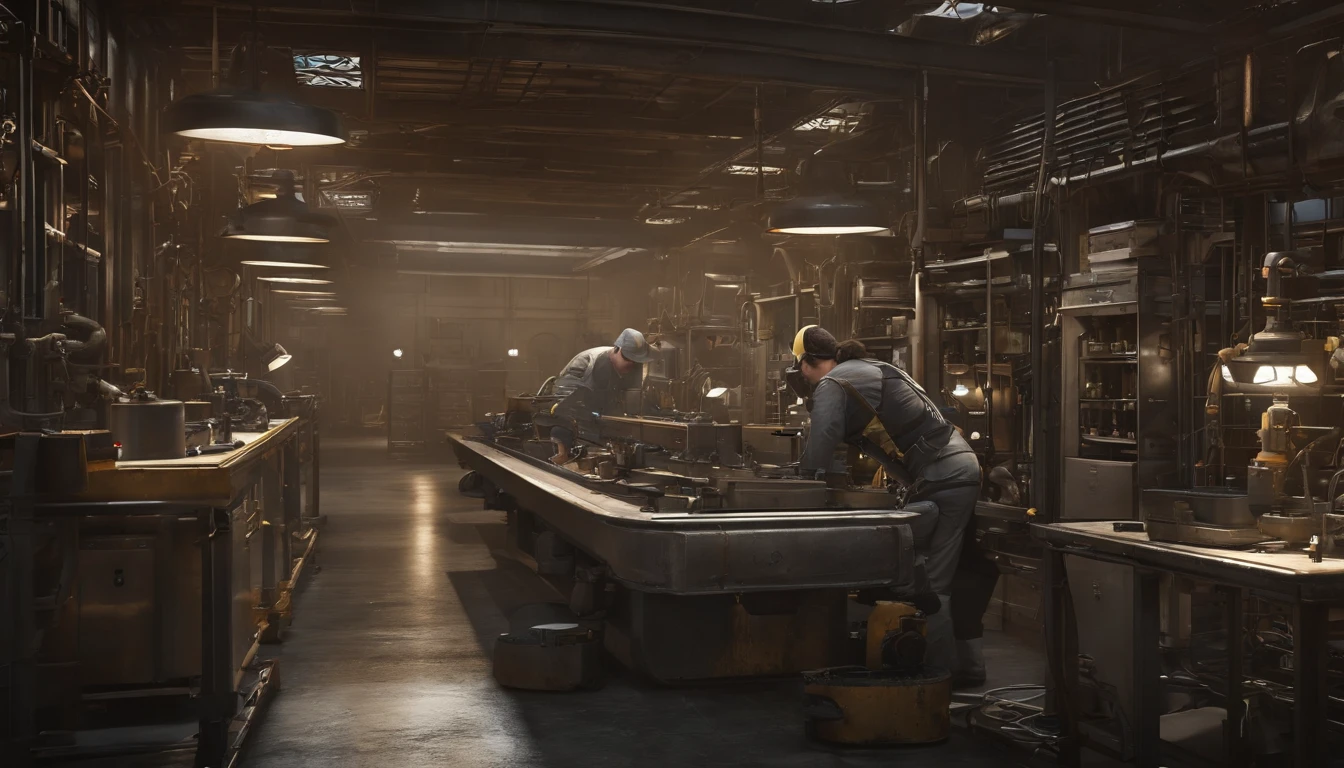 masterpiece, best quality, ultra-detailed, illustration, 1girl, solo, shiny, reflective, latex, work suit, voluptuous, body, squatting, detailed, work shoes, messy, workshop, industrial, high heels, black, red, silver, metallic, gloves, goggles, protective, equipment, machinery, tools, sparks, dirt, grime, oil, stains, sweat, exhaust, pipes, gauges, dials, buttons, levers, cables, wires, hydraulic, systems, hydraulic press, crane, pulley, welding, torch, grinder, drill, saw, hammer, screwdriver, wrench, pliers, spanner, toolbox, fire extinguisher, first aid kit, ventilation, ducts, light fixtures, emergency exit, warning signs, caution tape, posters, calendar, coffee mug, dirty, workbench, storage, shelves, bins, lockers, hard hat, safety vest, ear muffs, face shield, respirator, smoke, fumes, debris, concrete floor, concrete walls, metal beams, rivets, bolts, screws, nuts, washers, chains, ropes, hooks, clamps, magnets, bearings, lubricants, fluids, solvents, adhesives, lubrication, maintenance, repair, overhaul, upgrade, installation, assembly, fabrication, customization, prototype, research, development, testing, quality control, inspection, certification, compliance, regulation, standard, efficiency, productivity, innovation, excellence, satisfaction, teamwork, dedication, professionalism, empowerment, diversity, equality, respect, safety culture, industrial fashion, sci-fi, cyberpunk, dystopian