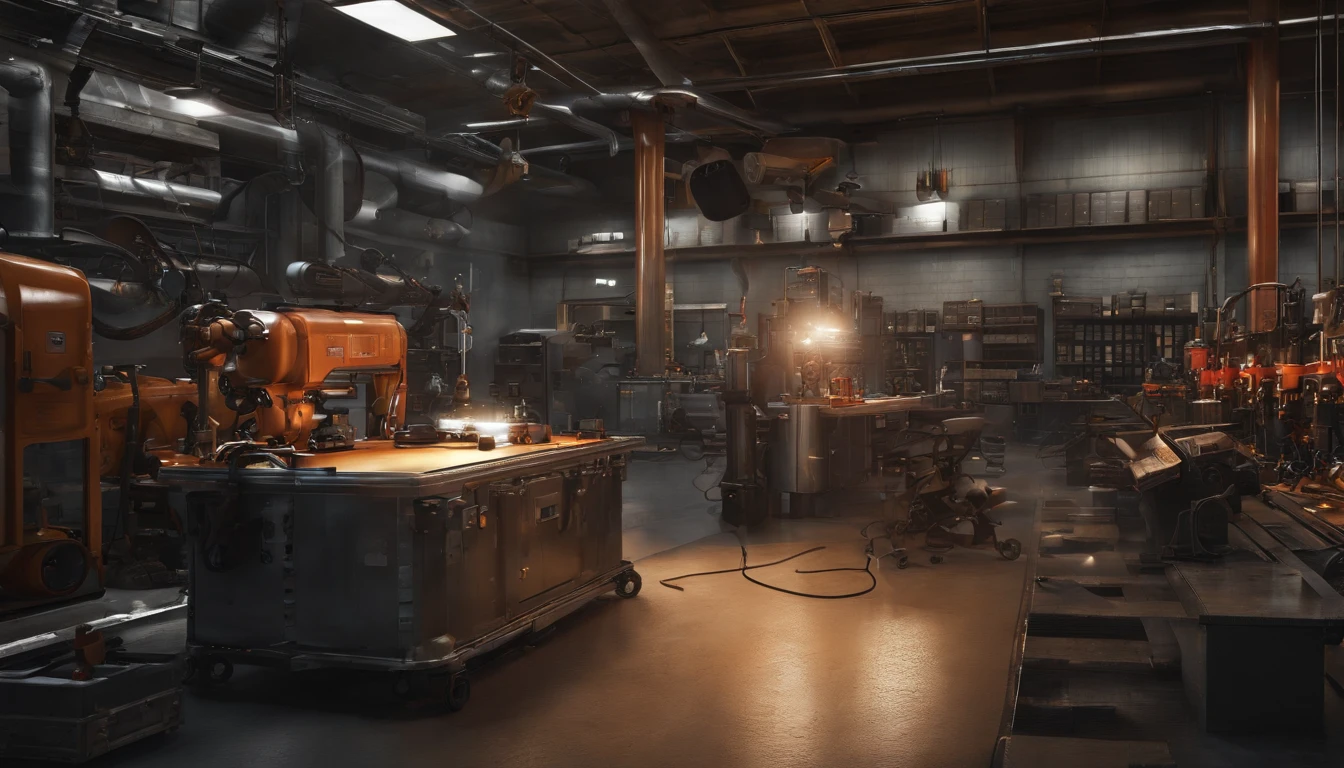 masterpiece, best quality, ultra-detailed, illustration, 1girl, solo, shiny, reflective, latex, work suit, voluptuous, body, squatting, detailed, work shoes, messy, workshop, industrial, high heels, black, red, silver, metallic, gloves, goggles, protective, equipment, machinery, tools, sparks, dirt, grime, oil, stains, sweat, exhaust, pipes, gauges, dials, buttons, levers, cables, wires, hydraulic, systems, hydraulic press, crane, pulley, welding, torch, grinder, drill, saw, hammer, screwdriver, wrench, pliers, spanner, toolbox, fire extinguisher, first aid kit, ventilation, ducts, light fixtures, emergency exit, warning signs, caution tape, posters, calendar, coffee mug, dirty, workbench, storage, shelves, bins, lockers, hard hat, safety vest, ear muffs, face shield, respirator, smoke, fumes, debris, concrete floor, concrete walls, metal beams, rivets, bolts, screws, nuts, washers, chains, ropes, hooks, clamps, magnets, bearings, lubricants, fluids, solvents, adhesives, lubrication, maintenance, repair, overhaul, upgrade, installation, assembly, fabrication, customization, prototype, research, development, testing, quality control, inspection, certification, compliance, regulation, standard, efficiency, productivity, innovation, excellence, satisfaction, teamwork, dedication, professionalism, empowerment, diversity, equality, respect, safety culture, industrial fashion, sci-fi, cyberpunk, dystopian