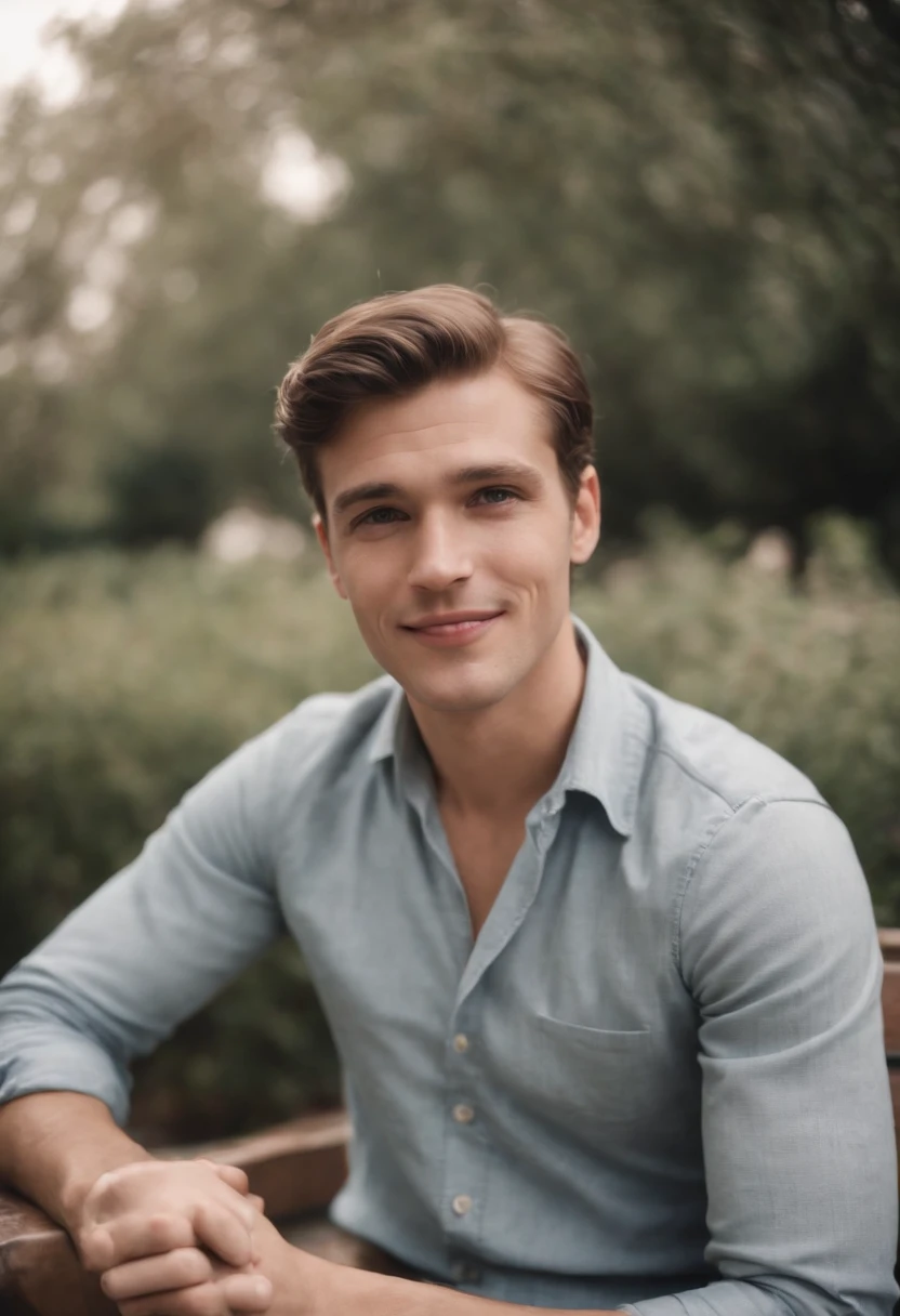 A vintage grainy low quality realistic photograph in the 60s, a handsome young James man smiling, sitting on a bench, 60s quality,1960s grainy quality, poor quality, worst quality, Male, Man, hot MAN, JAMES IS A MAN NOT A WOMAN