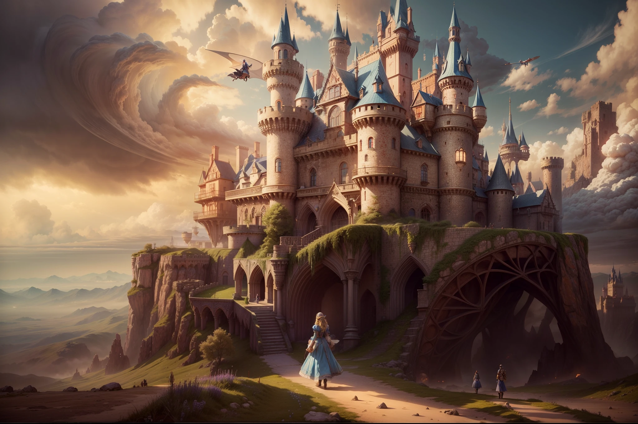 arafed view of a castle with a woman walking in front, a matte painting by Alexander Kucharsky, tumblr, magical realism, inside her surreal vr castle, beautiful castle, beautiful render of a fairytale, like alice in wonderland, flying cloud castle, very far royal steampunk castle, photorealistic disney, magical castle, in a castle on an alien planet