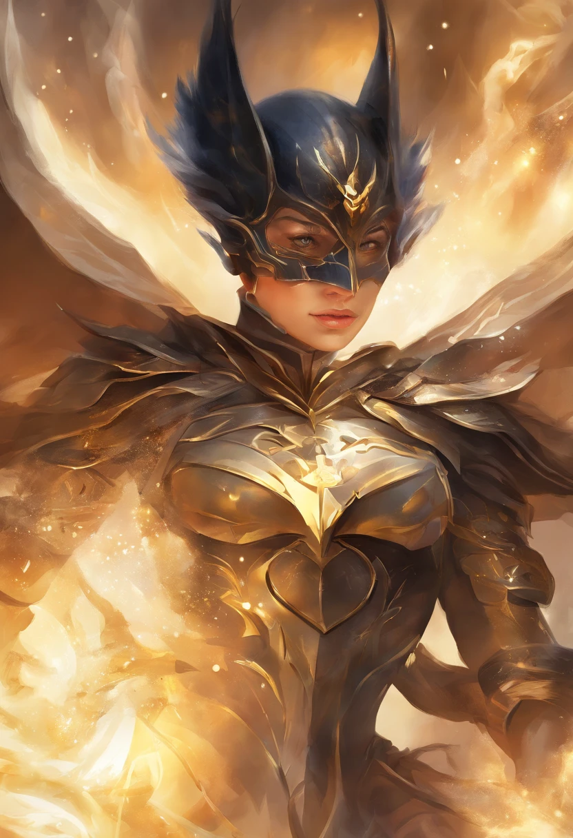 (CG extremamente detalhado e realista, master part, best quality, ultra-detalhado) Batman em traje dourado e branco, (best ilumination, melhor sombra, um extremamente delicado e bonito), Dynamic angle, cinematic atmospheric, mechnical, smoke billowing, vapor, cores vibrantes.