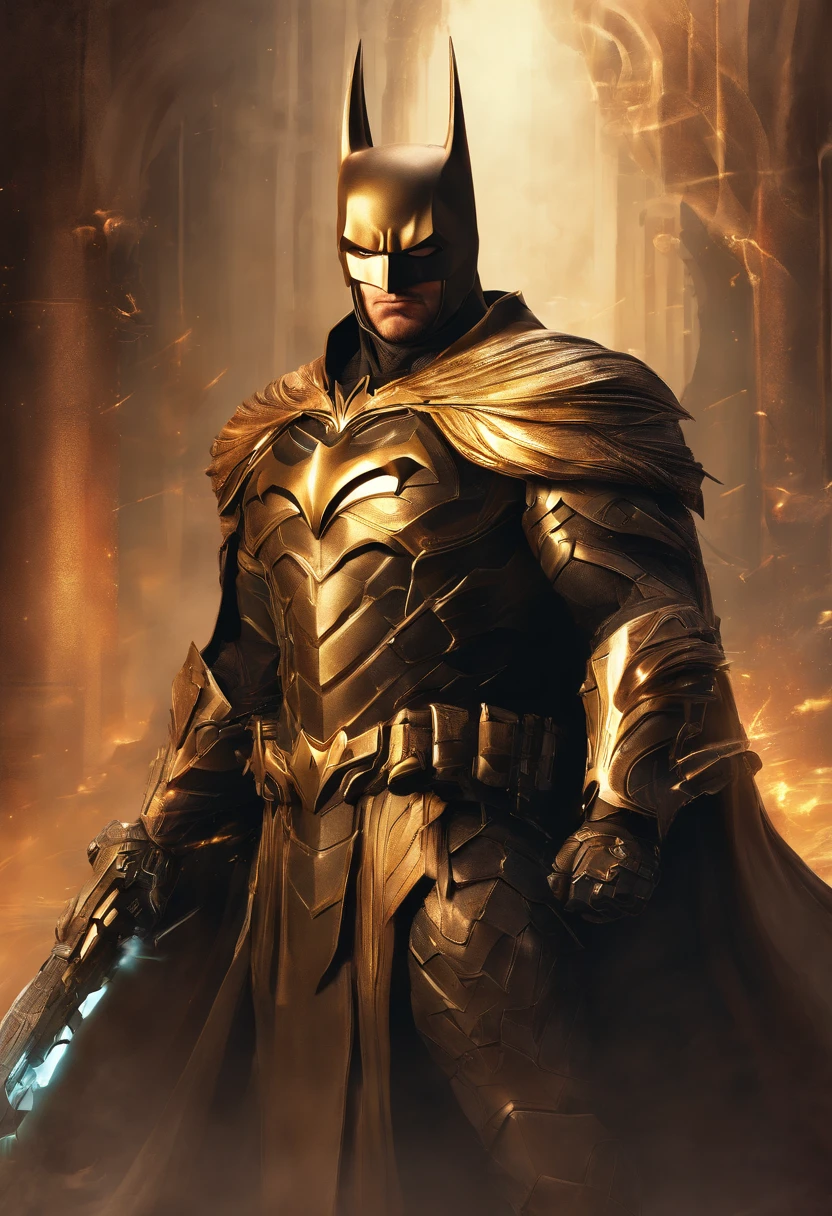 (CG extremamente detalhado e realista, master part, best quality, ultra-detalhado) Batman em traje dourado e branco, (best ilumination, melhor sombra, um extremamente delicado e bonito), Dynamic angle, cinematic atmospheric, mechnical, smoke billowing, vapor, cores vibrantes.