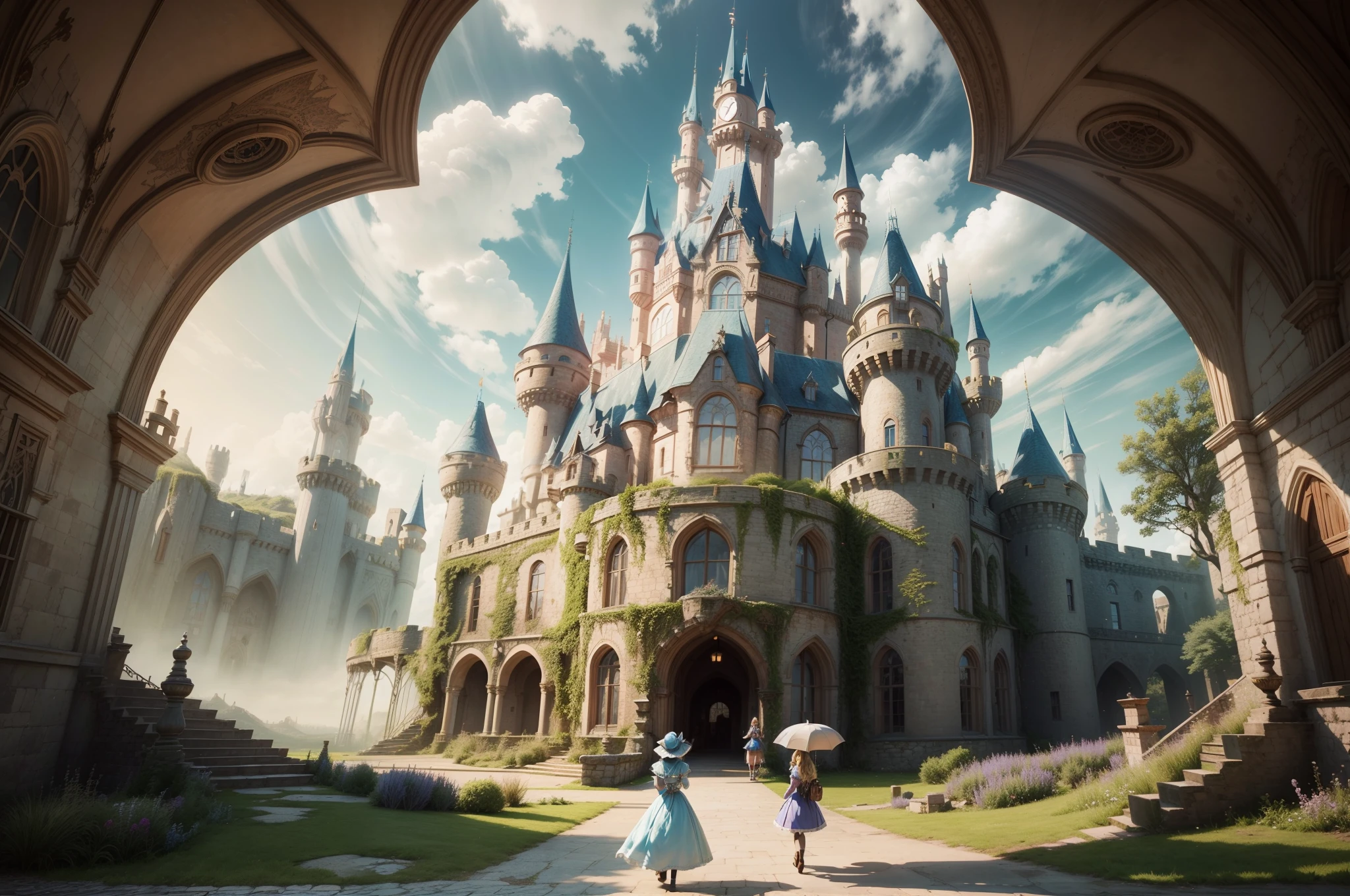 arafed view of a castle with a woman walking in front, inside her surreal vr castle, beautiful castle, beautiful render of a fairytale, like alice in wonderland, flying cloud castle, very far royal steampunk castle, photorealistic disney, magical castle, in a castle on an alien planet, alice attends mad tea party, standing near a castle, abandoned castle in the sky